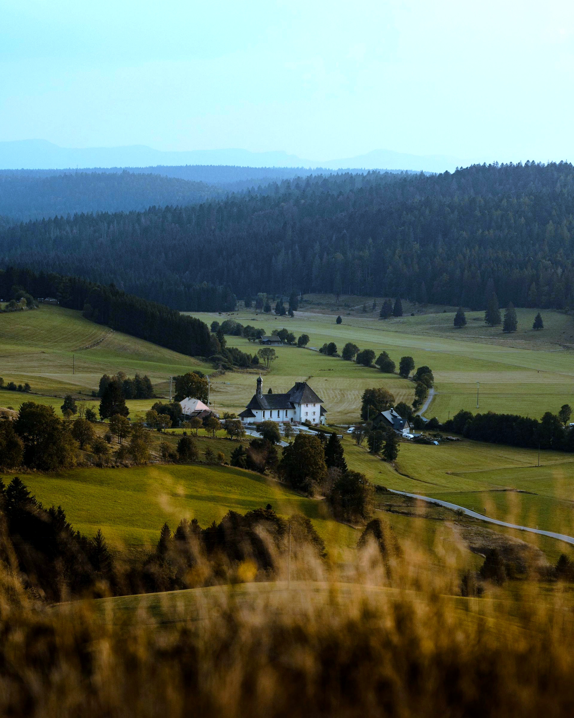 Green valley with a white building, trees, and distant mountains under a blue sky in The Black Forest, Germany.