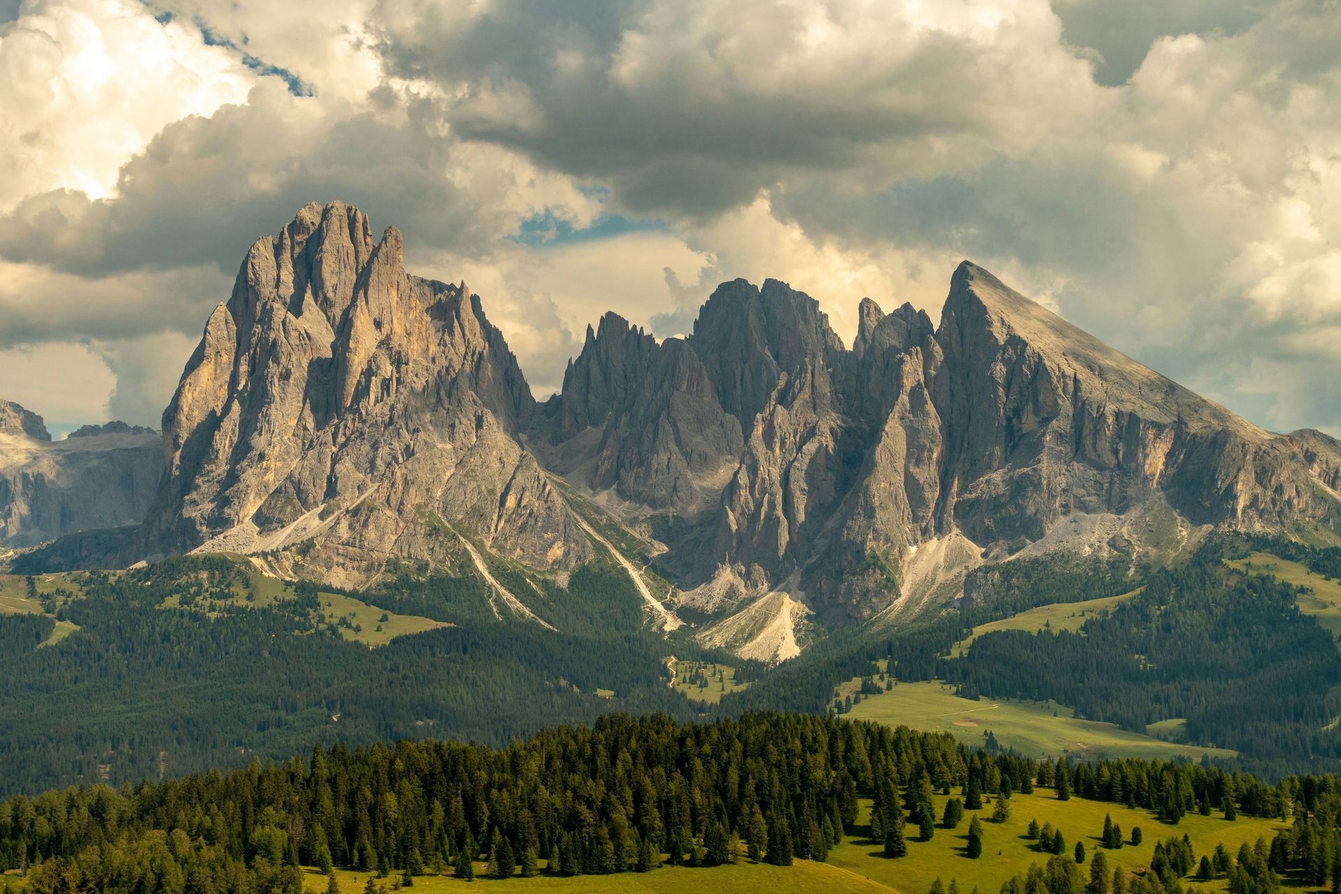 The Dolomites with trees and grass in the foreground and a cloudy sky in the background in Italy.
