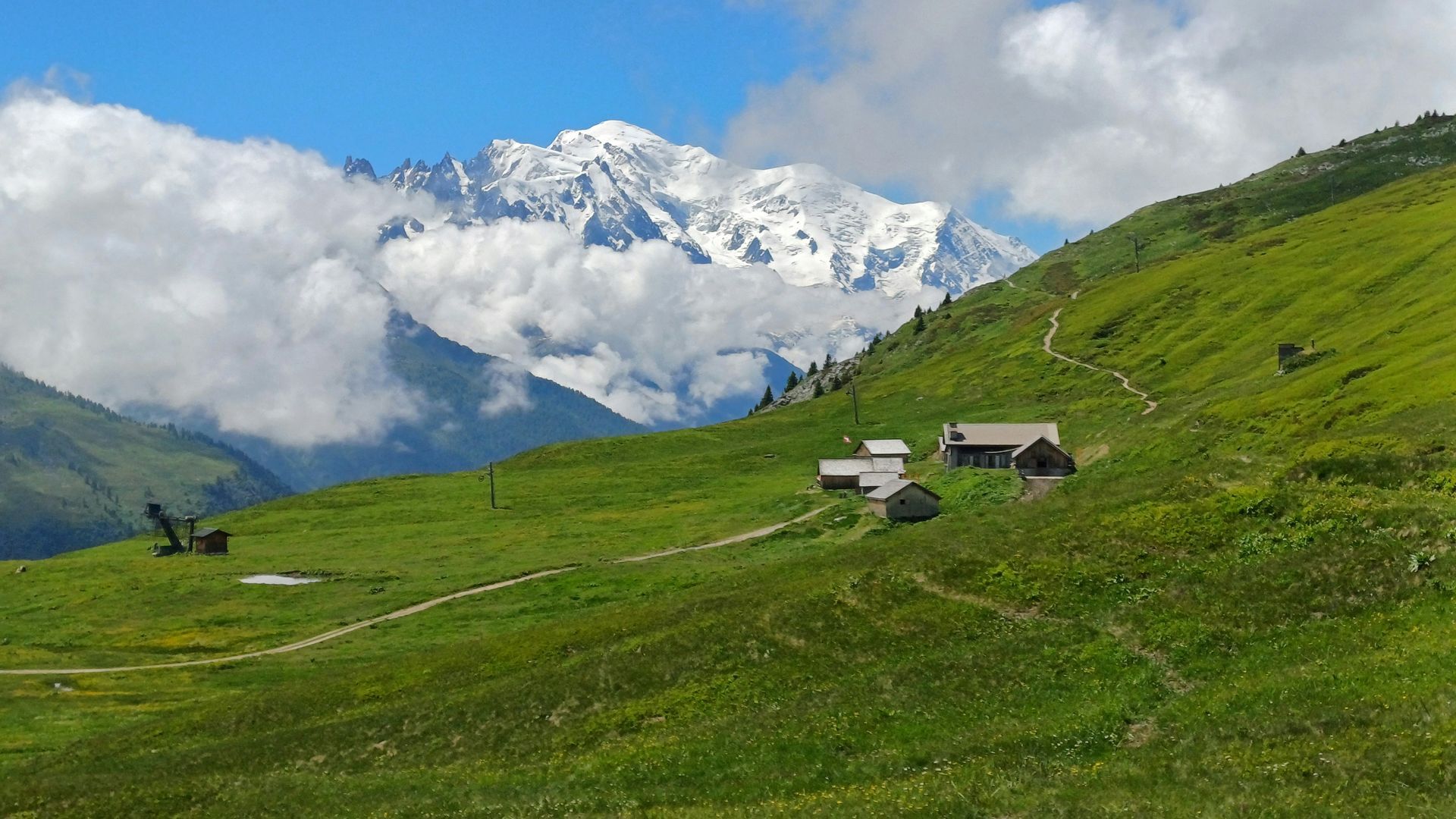 A grassy hillside with a snowy mountain in the background in Chamonix, France.