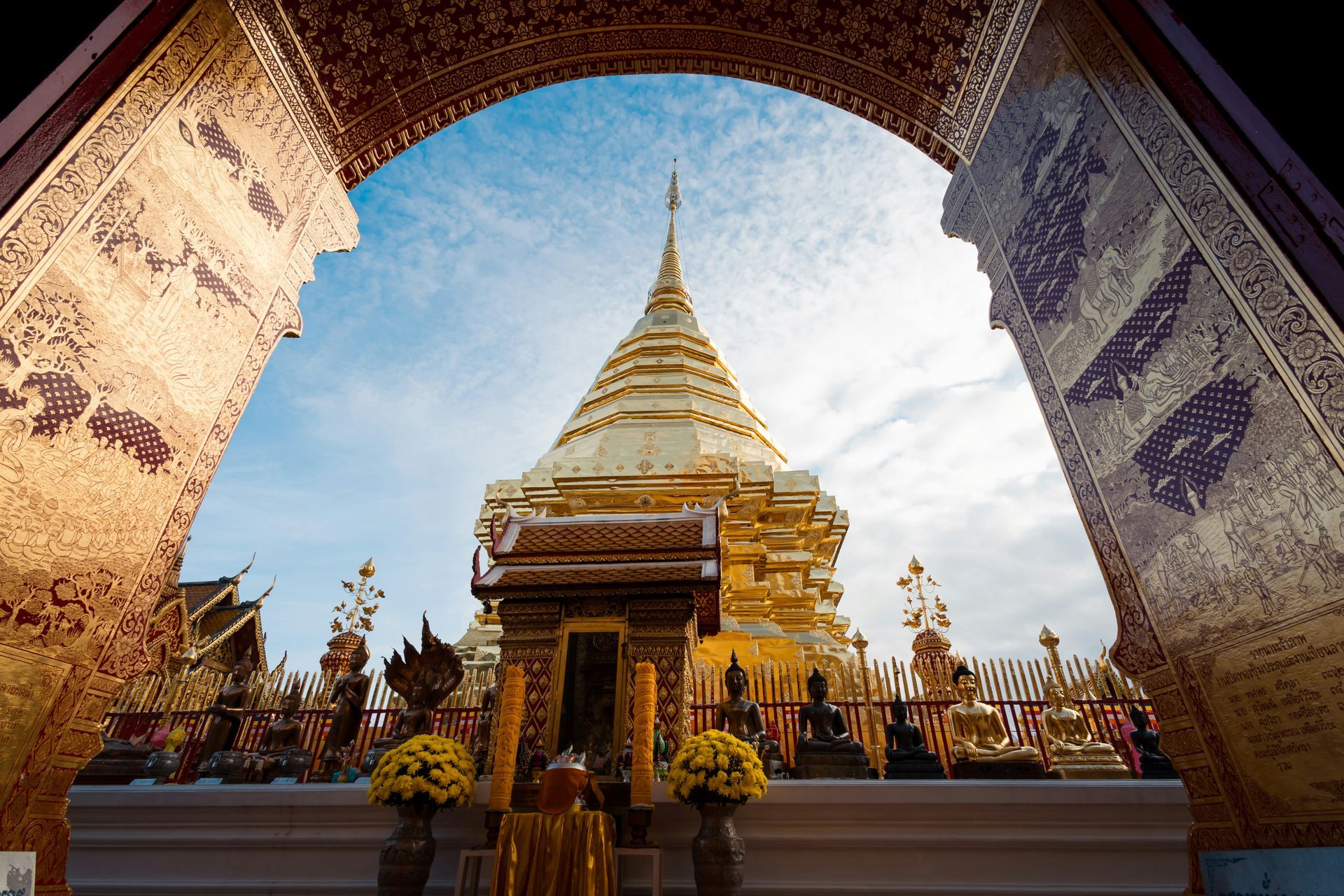 A view of a temple through an archway in Chiang Mai, Thailand.