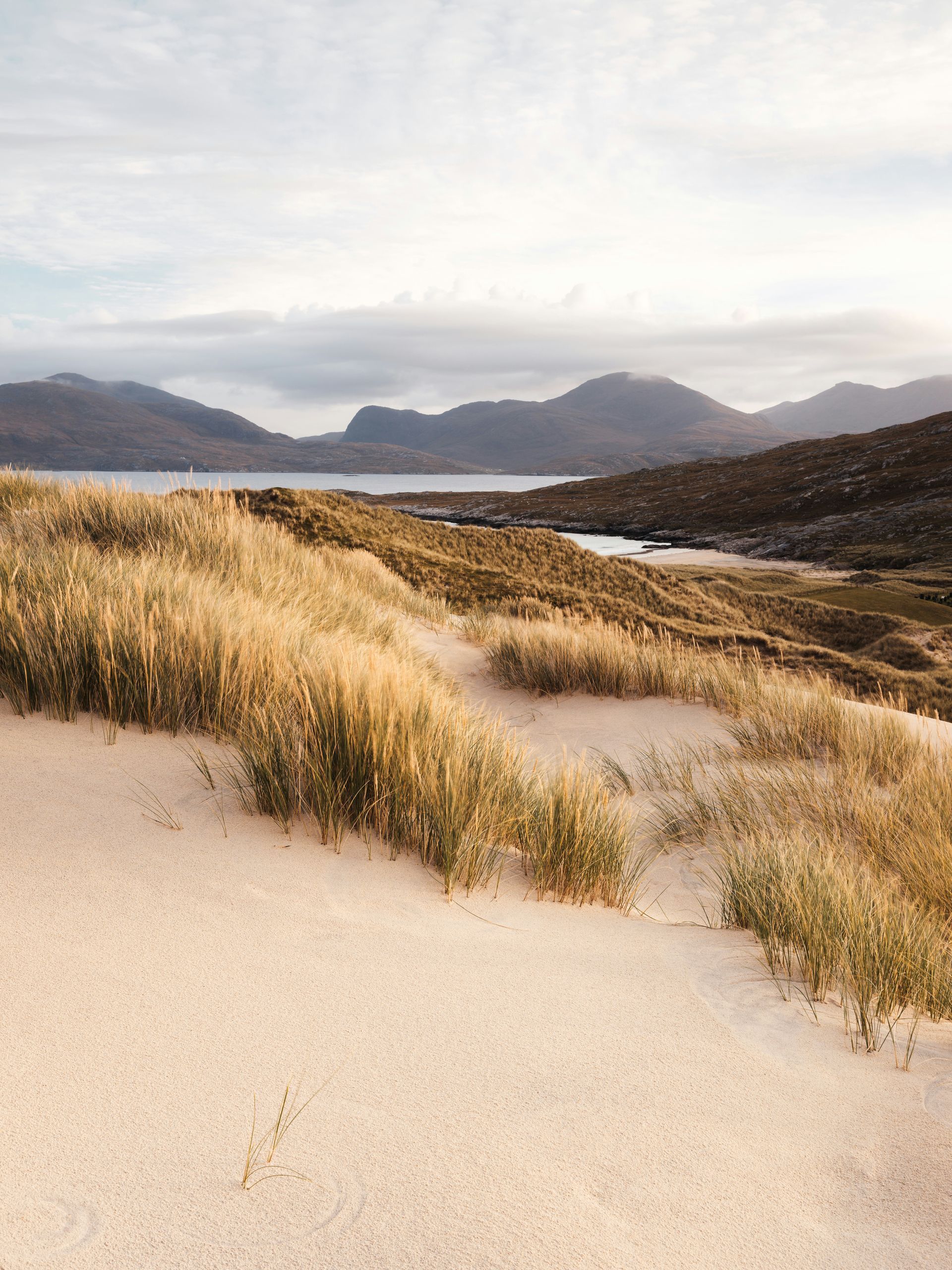 Sandy dunes with dry grass, overlooking the sea and mountainous landscape on the Hebrides Islands, Scotland.