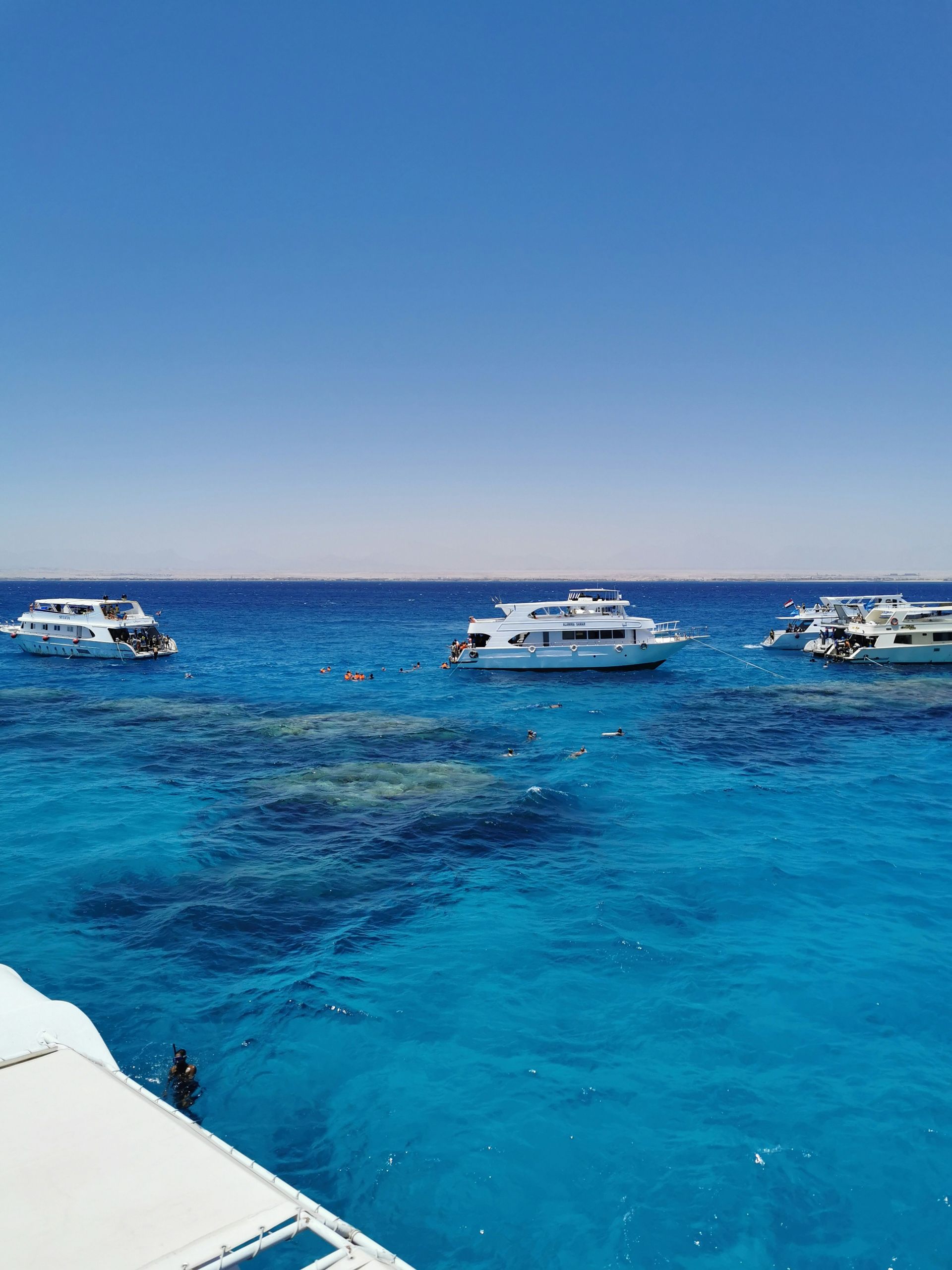 A group of boats are floating on top of a turquoise ocean in Sharm El-Sheikh, Egypt.