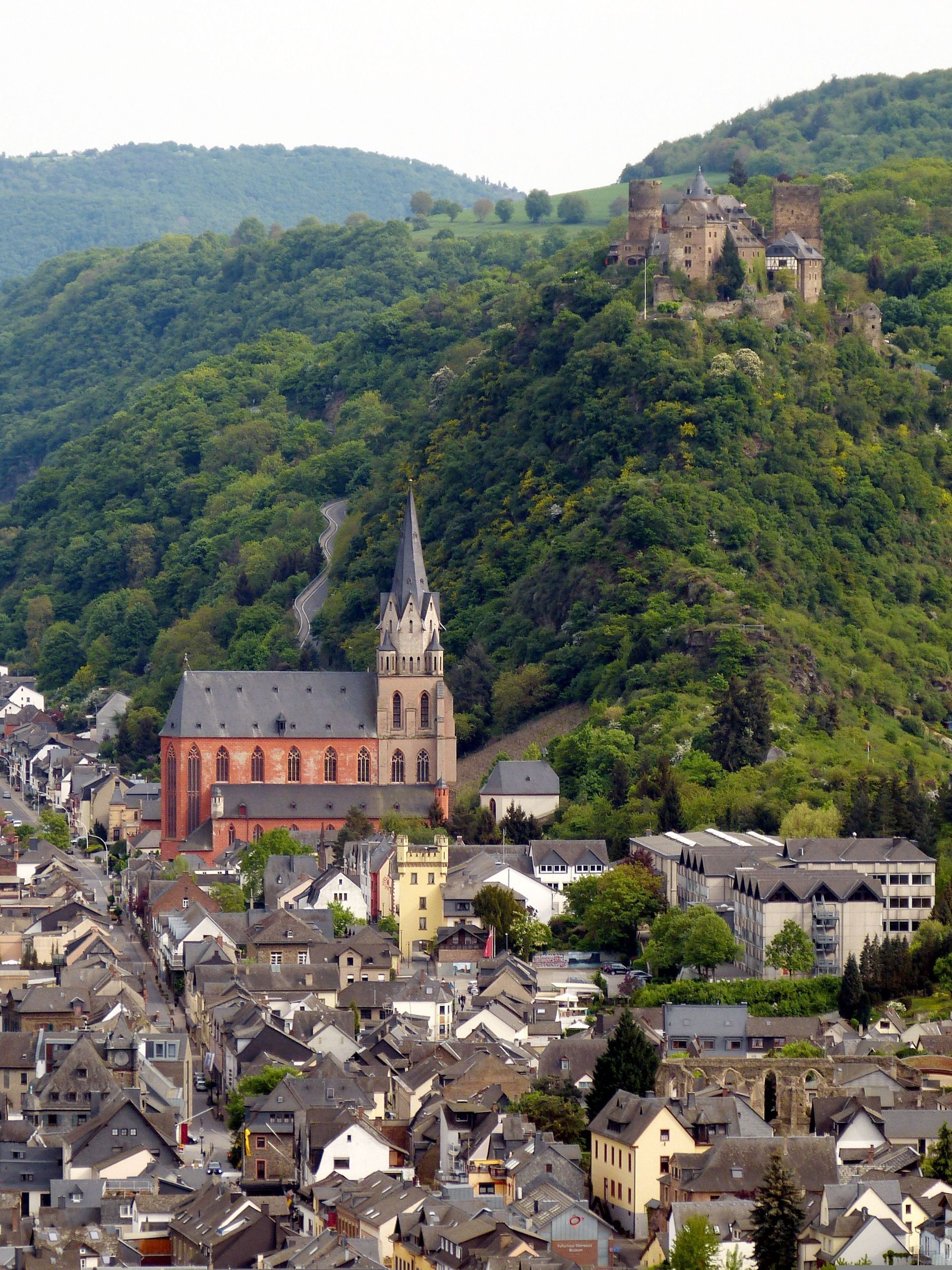 An aerial view of a small town surrounded by mountains in the Rhine Valley.