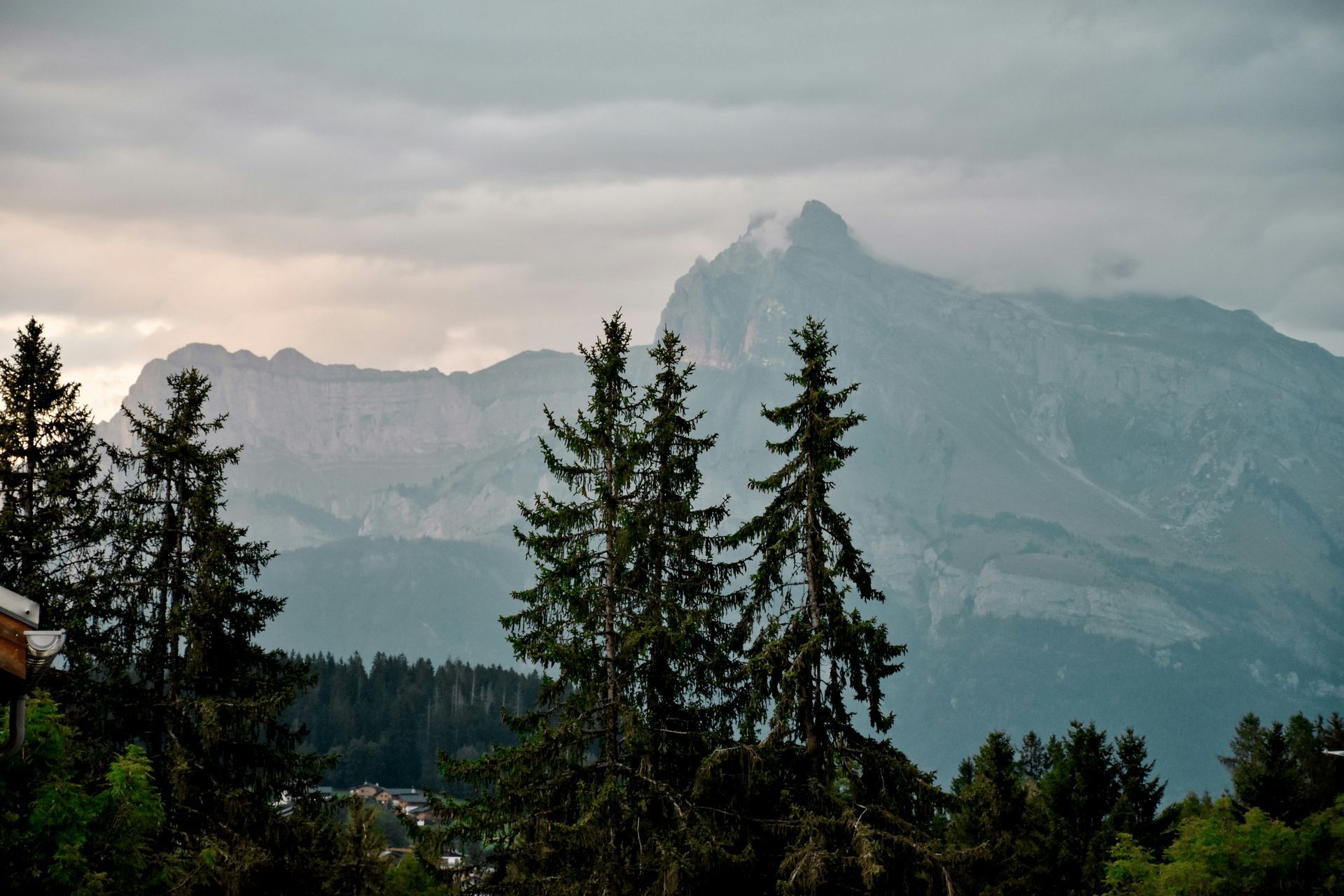 A mountain with trees in the foreground and a cloudy sky in the background in Megève, France.