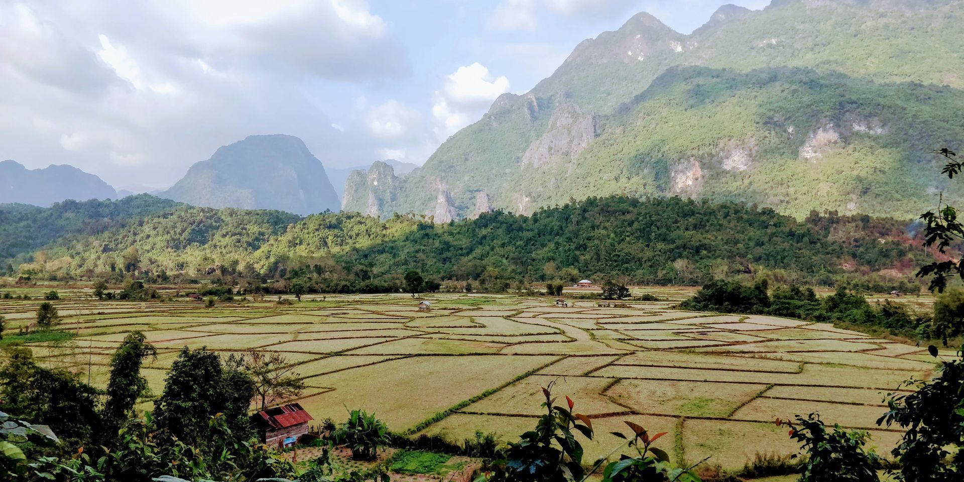 Landscape with mountains, fields, and a few trees in Vientiane, Laos.