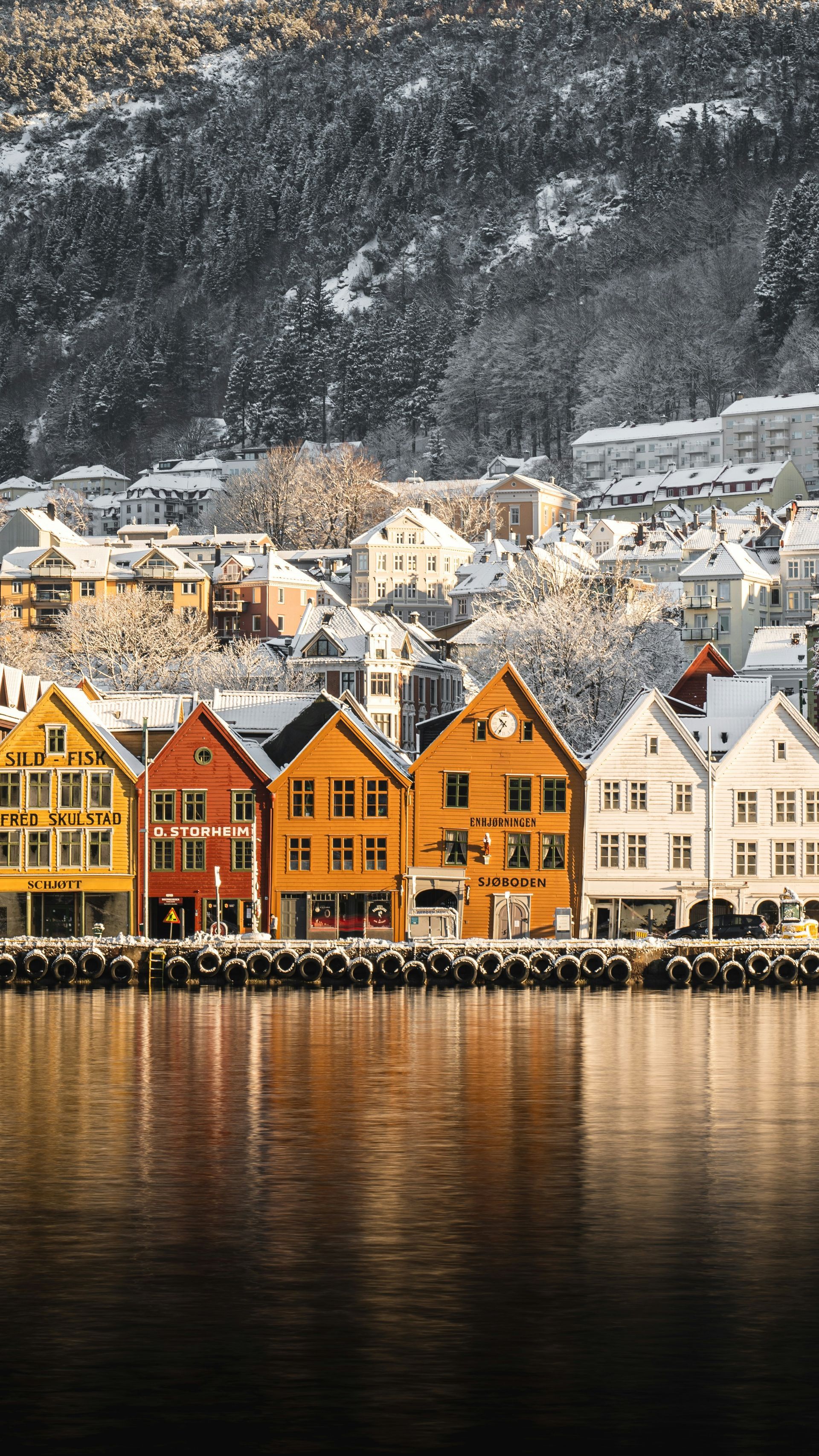 Colorful buildings line a waterfront; snow-covered mountain in the background in Bergen, Norway.
