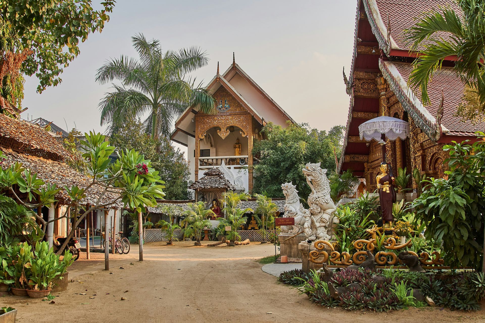 A temple with a lot of plants and trees in front of it in Thailand.