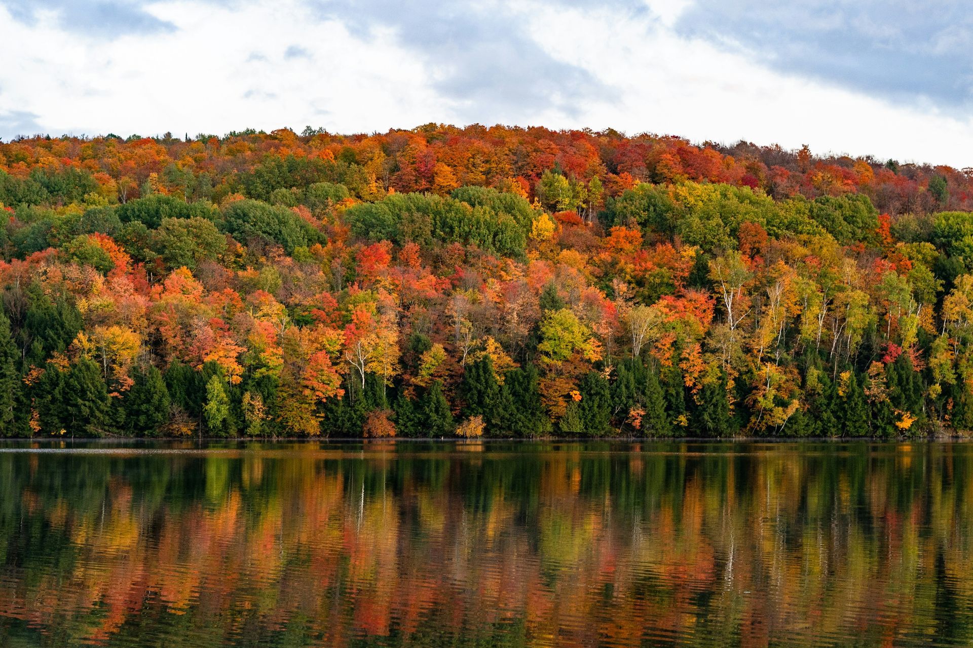 A lake surrounded by trees with autumn leaves reflected in the water in New England.
