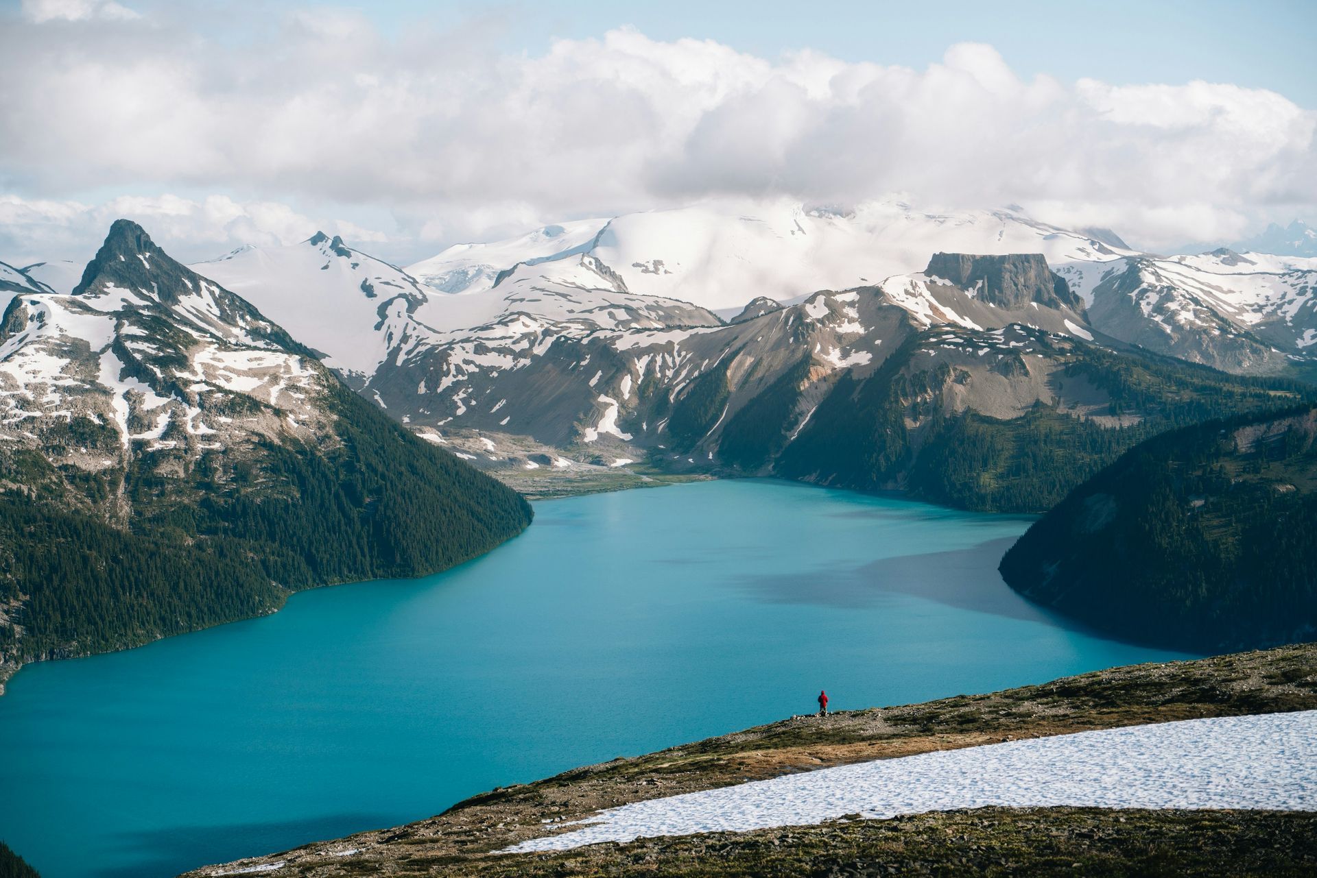 A turquoise lake surrounded by mountains with snow-capped peaks under a cloudy sky at Panorama Ridge, Canada.