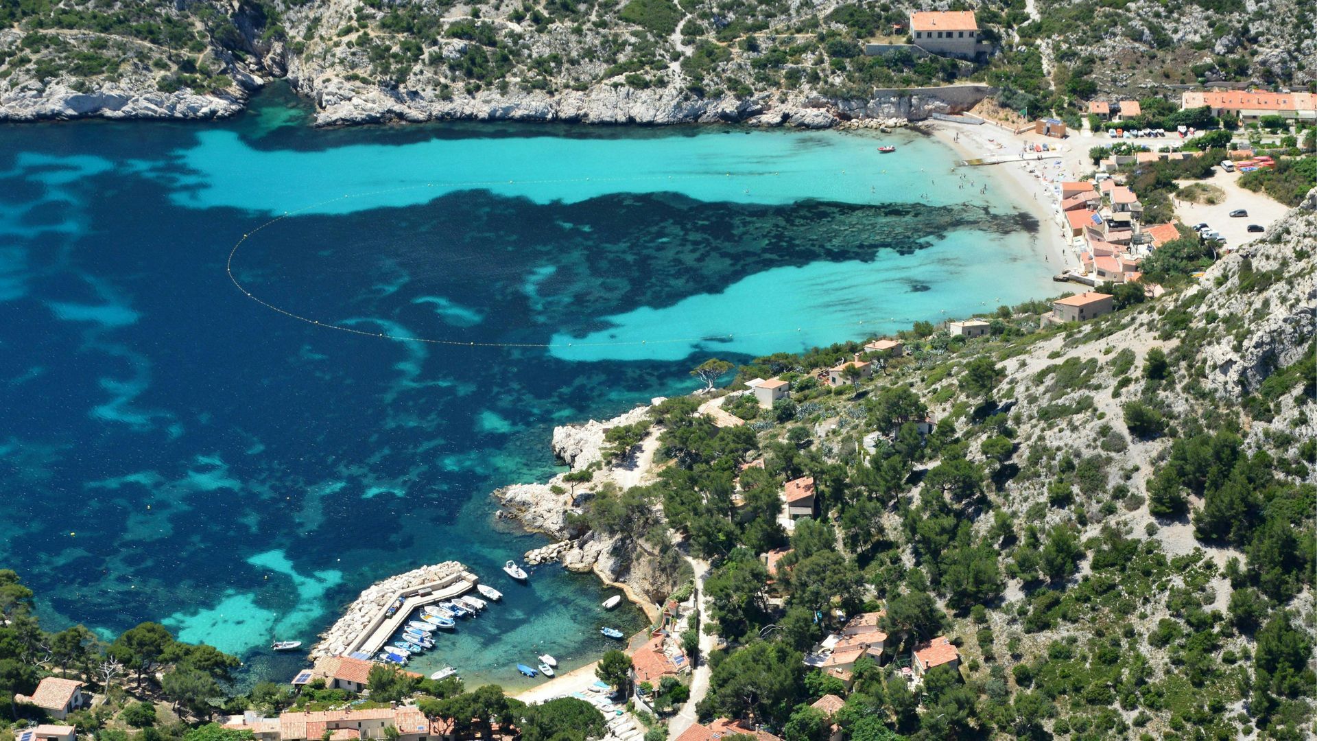 An aerial view of a large of the French riviera surrounded by trees in southern France. 