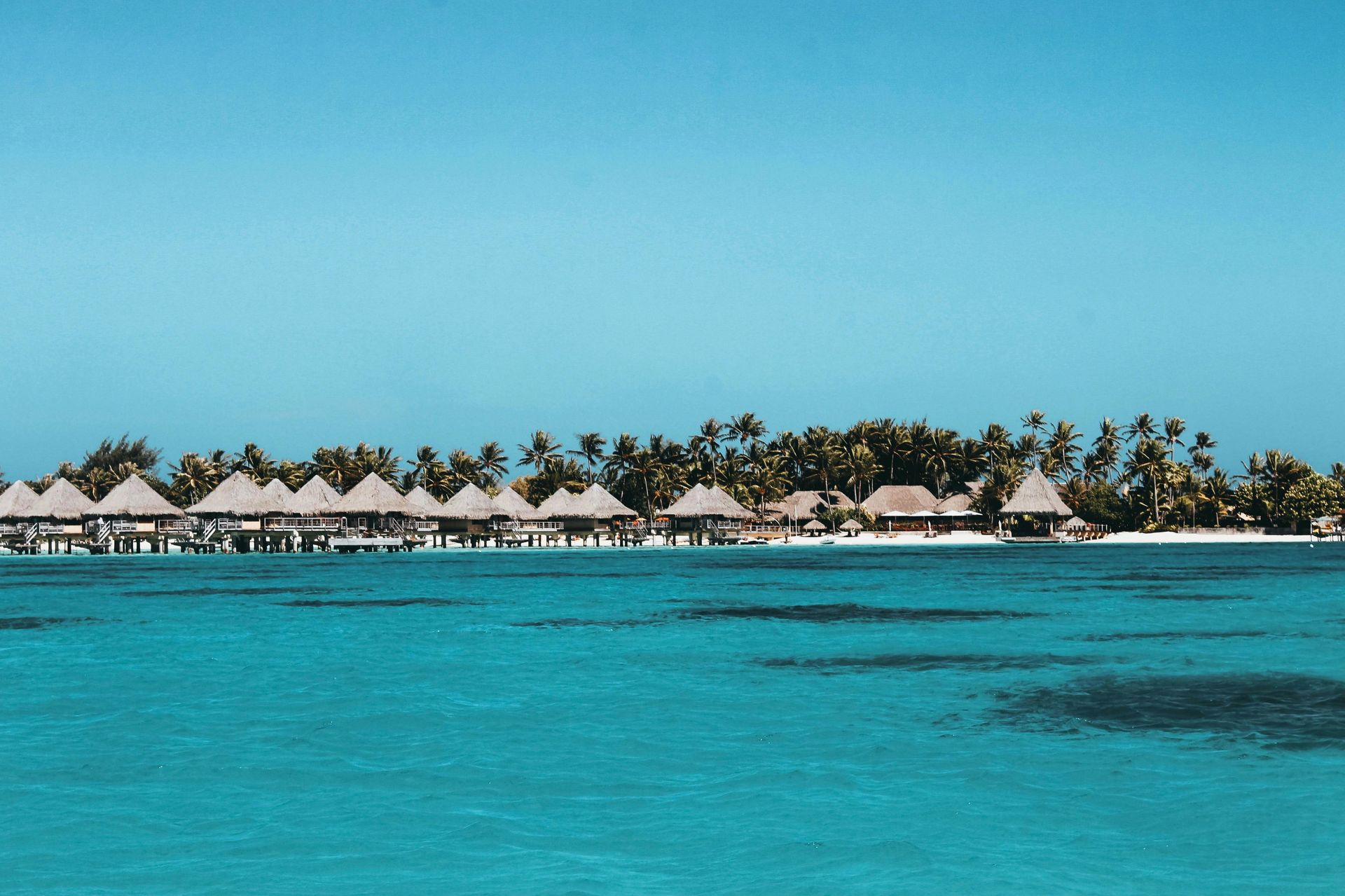 A row of bungalows in the middle of the ocean in French Polynesia.