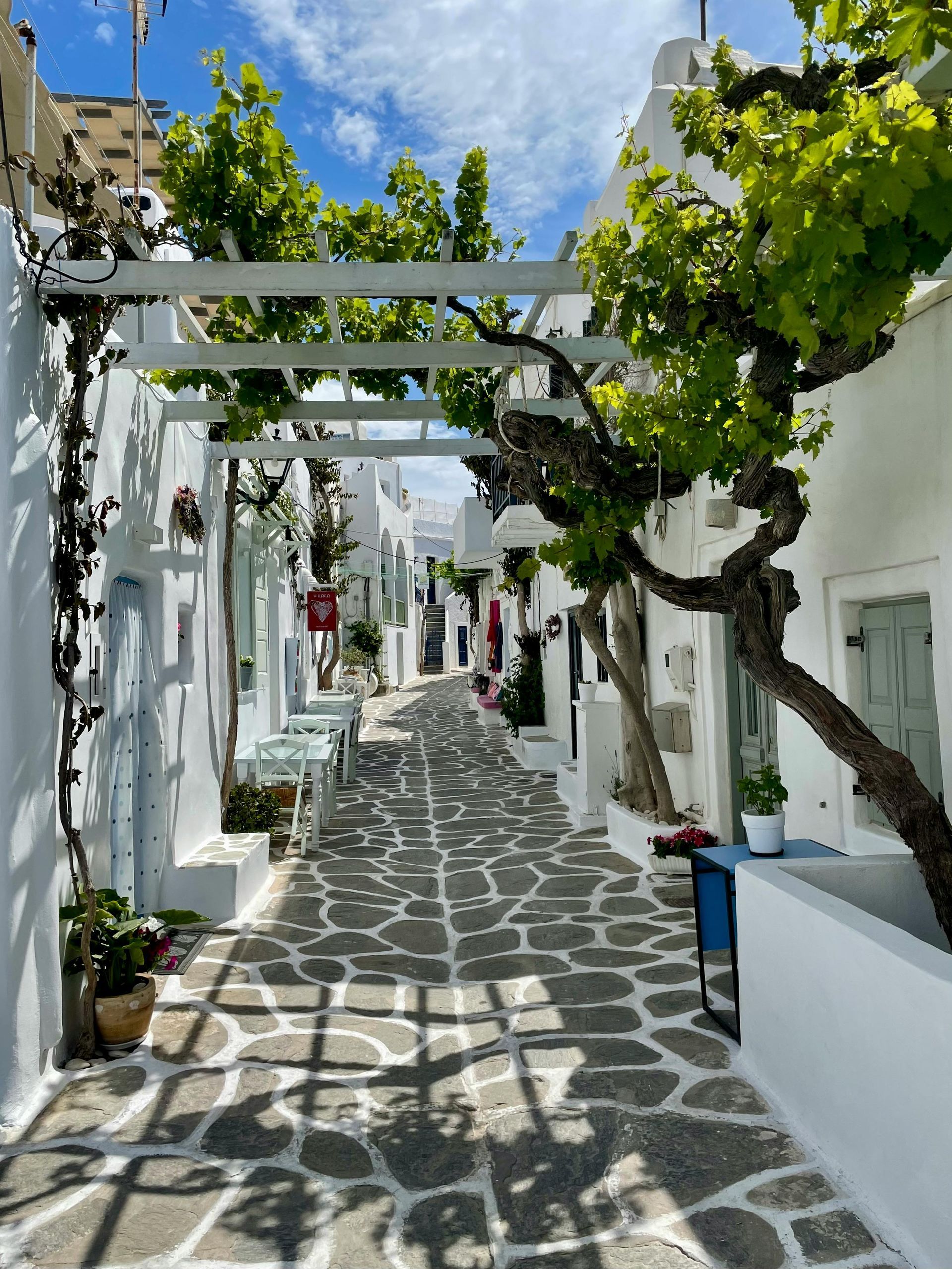 A stone walkway between two white buildings in Paros, Greece.