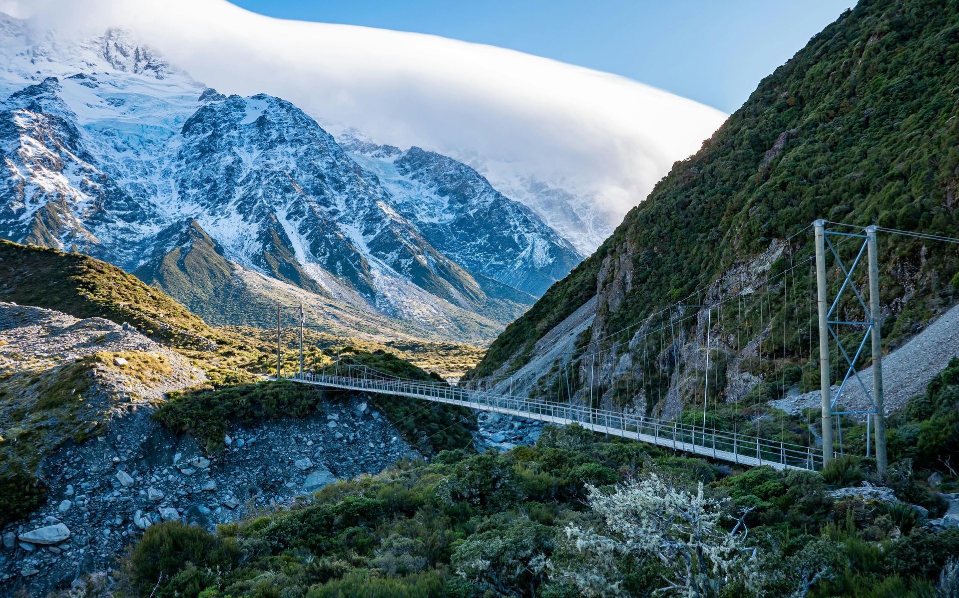 There is a suspension bridge in the middle of a mountain valley in New Zeland.