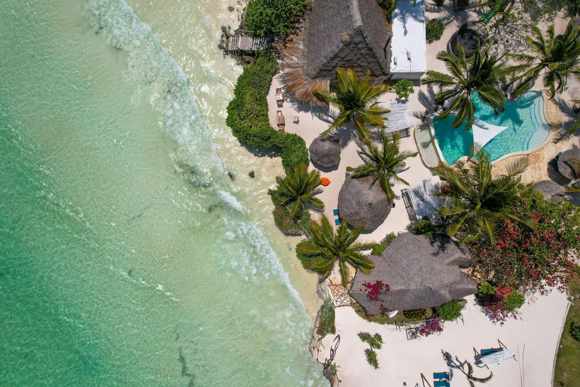 An aerial view of a tropical beach with palm trees and a swimming pool on the island of Zanzibar in Tanzania, Africa.