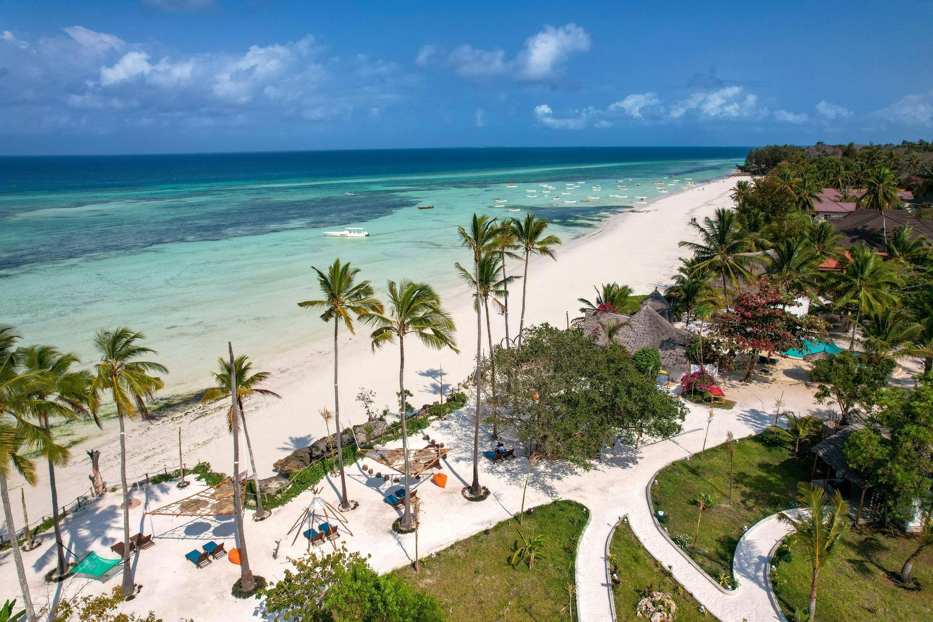 An aerial view of a tropical beach with palm trees and a path leading to the ocean on Zanzibar island in Tanzania, Africa.