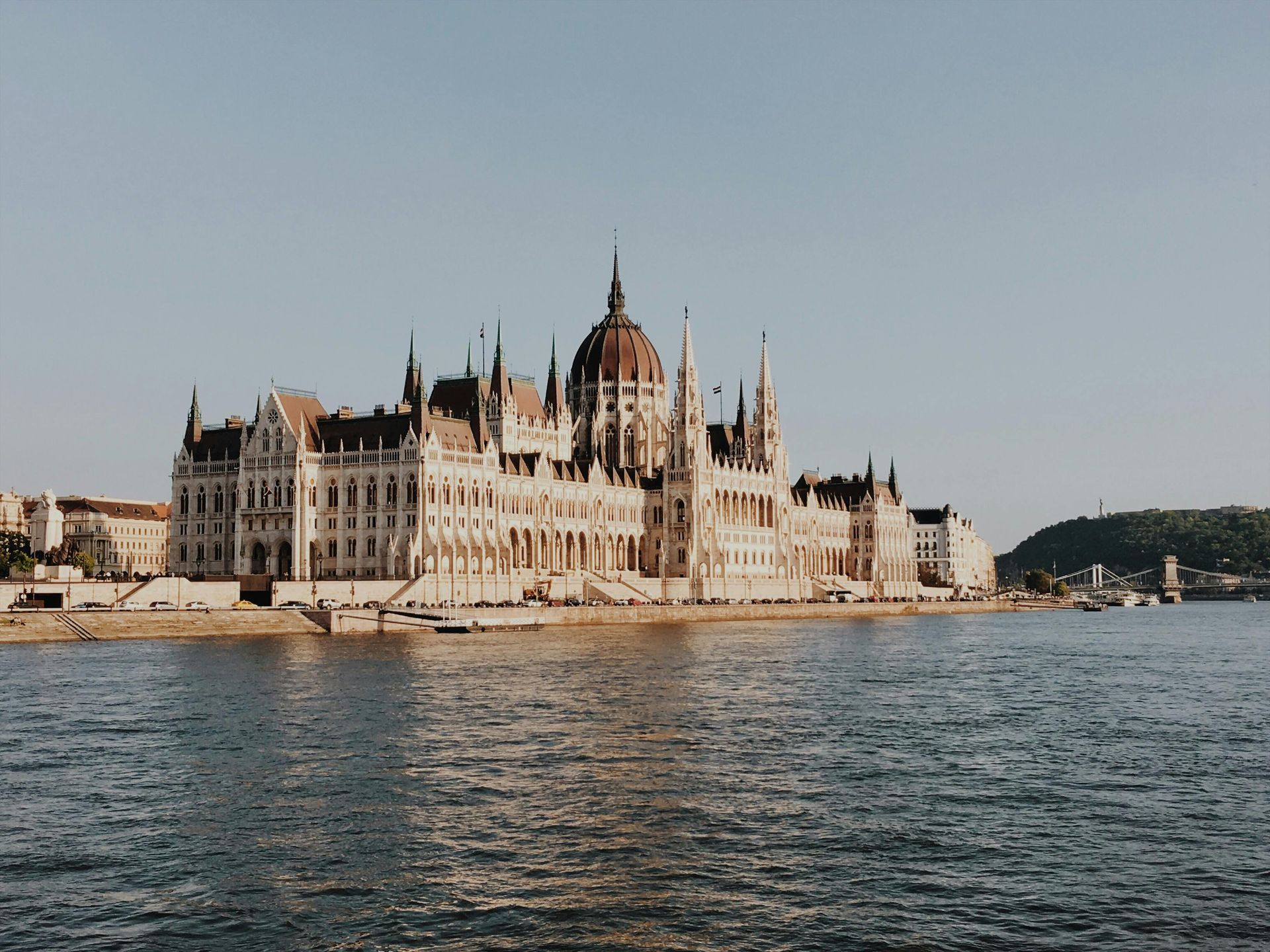 The Hungarian Parliament Building is sitting on top of the Danube River in Budapest, Hungary.