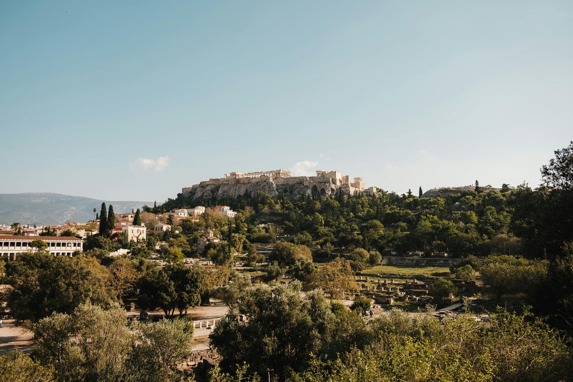 A view of Athens, Greece from the top of a hill surrounded by trees.