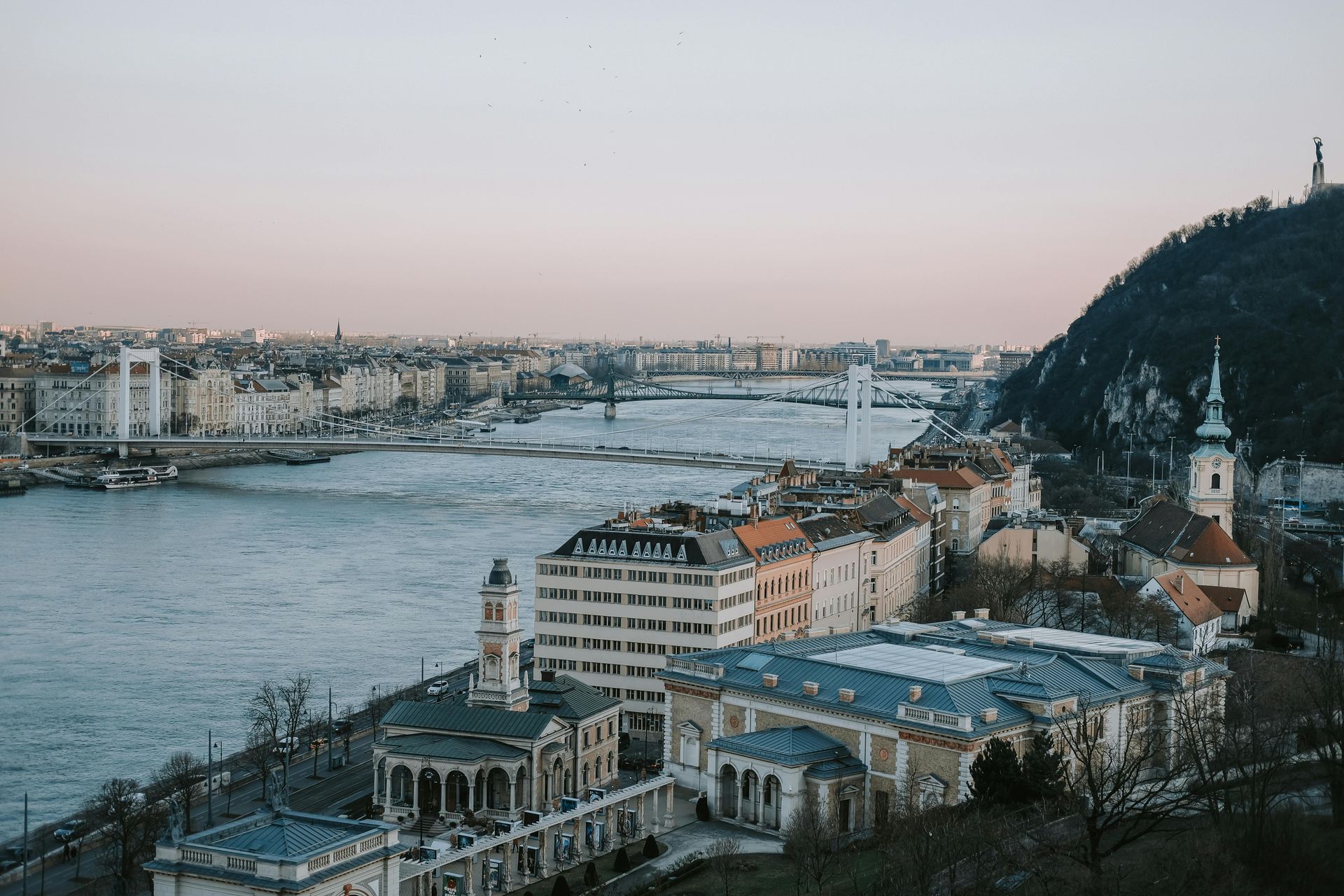 An aerial view of a city on the The Danube River.