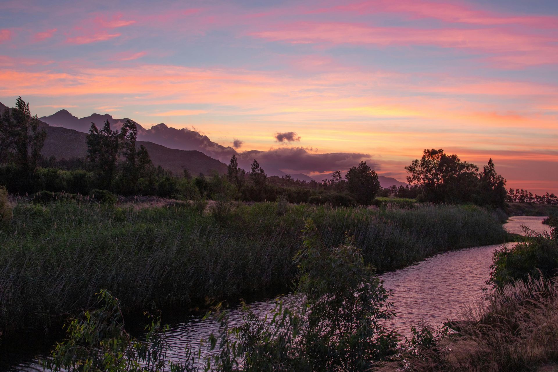 A river runs through a lush green field at sunset with mountains in the background in South Africa.