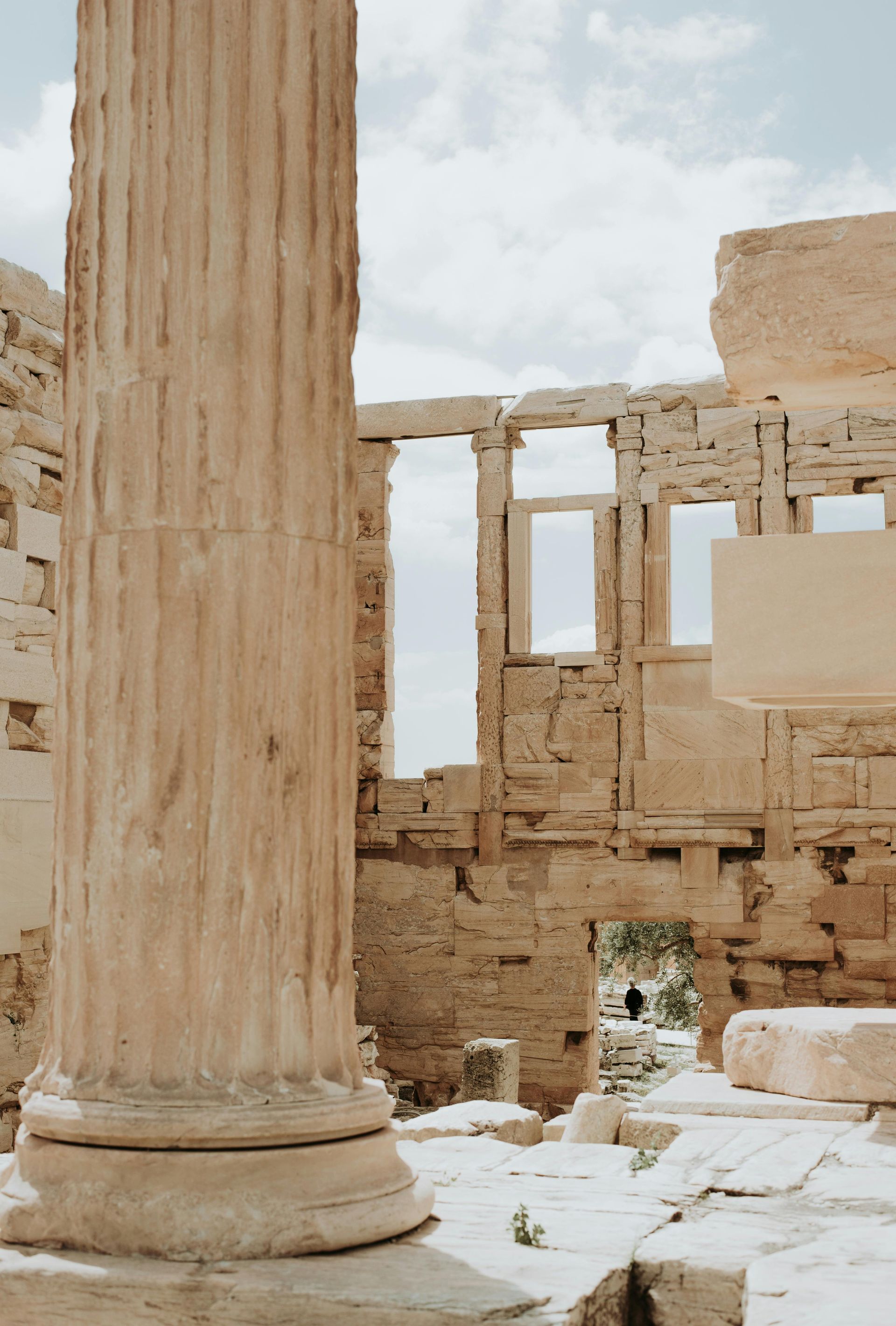 A close up of a pillar in a ruined building in Athens, Greece.