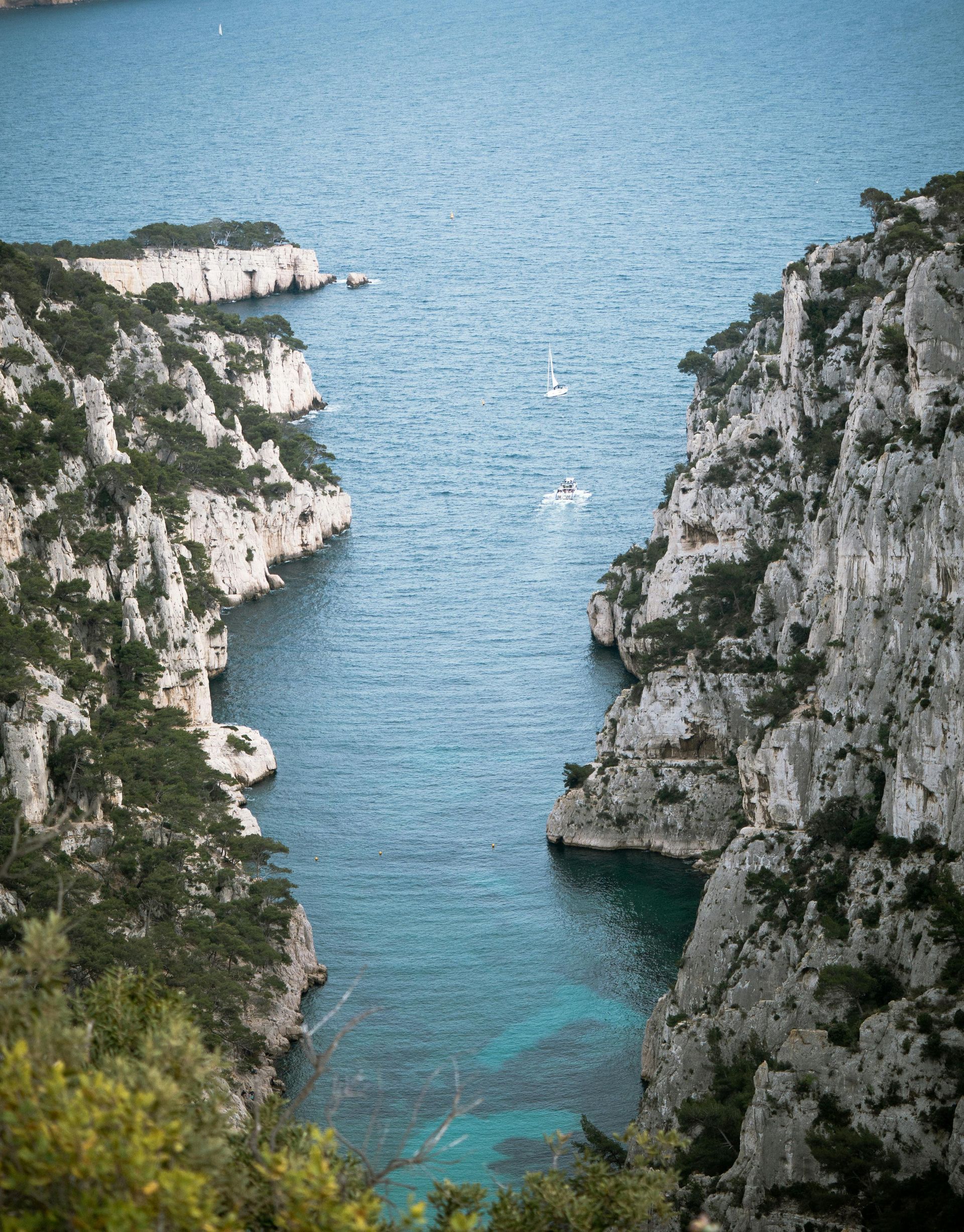 Calanques surrounded by cliffs and trees  in southern France.