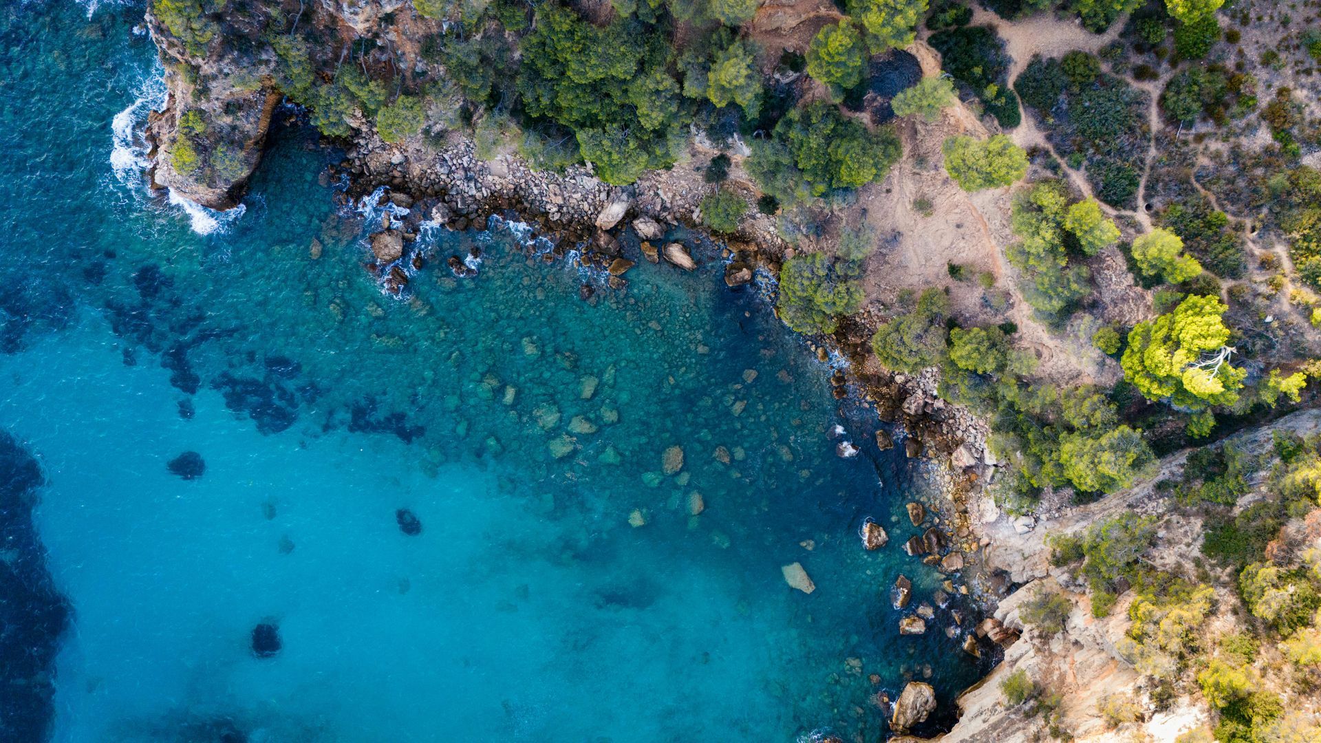 An aerial view of a small bay surrounded by trees and rocks in Côte d’Azur.