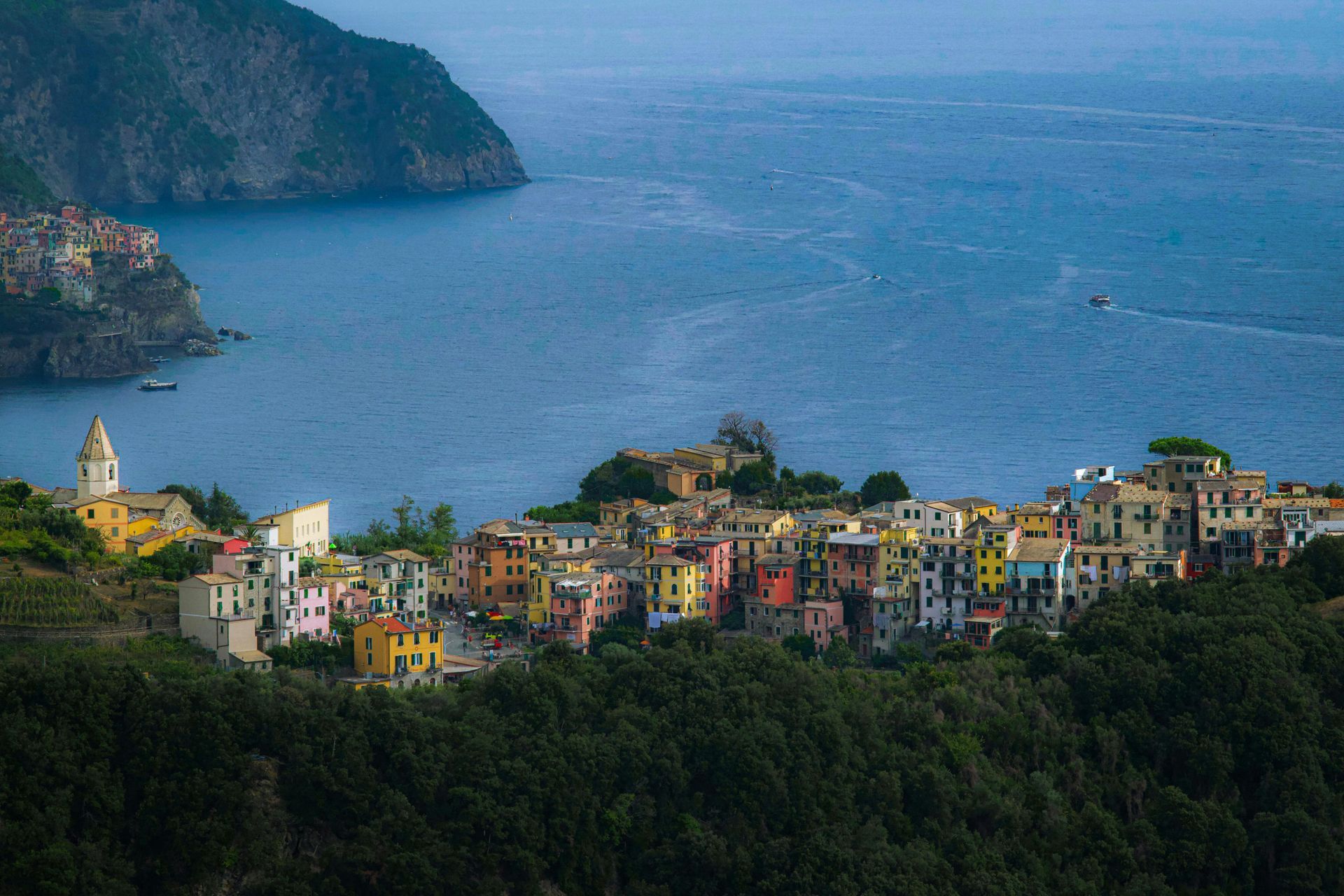 An aerial view of Cinque Terre on a hill overlooking the ocean in Italy.