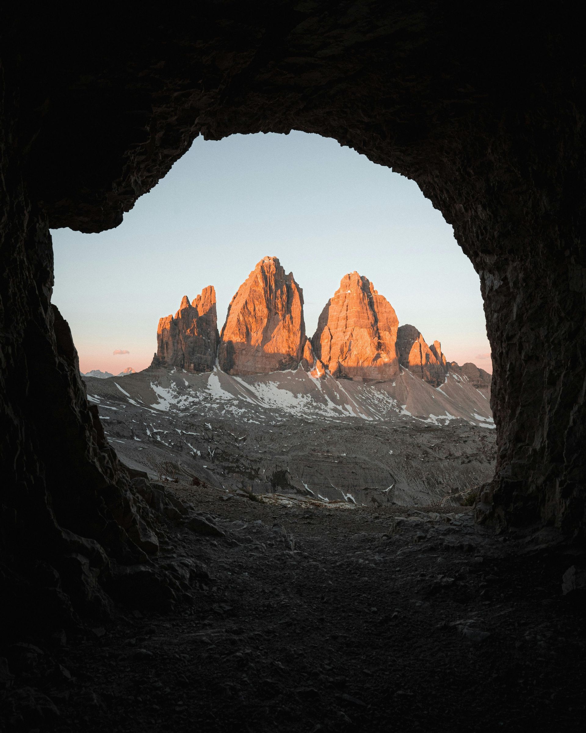 A view of The Dolomites from a cave in Italy.