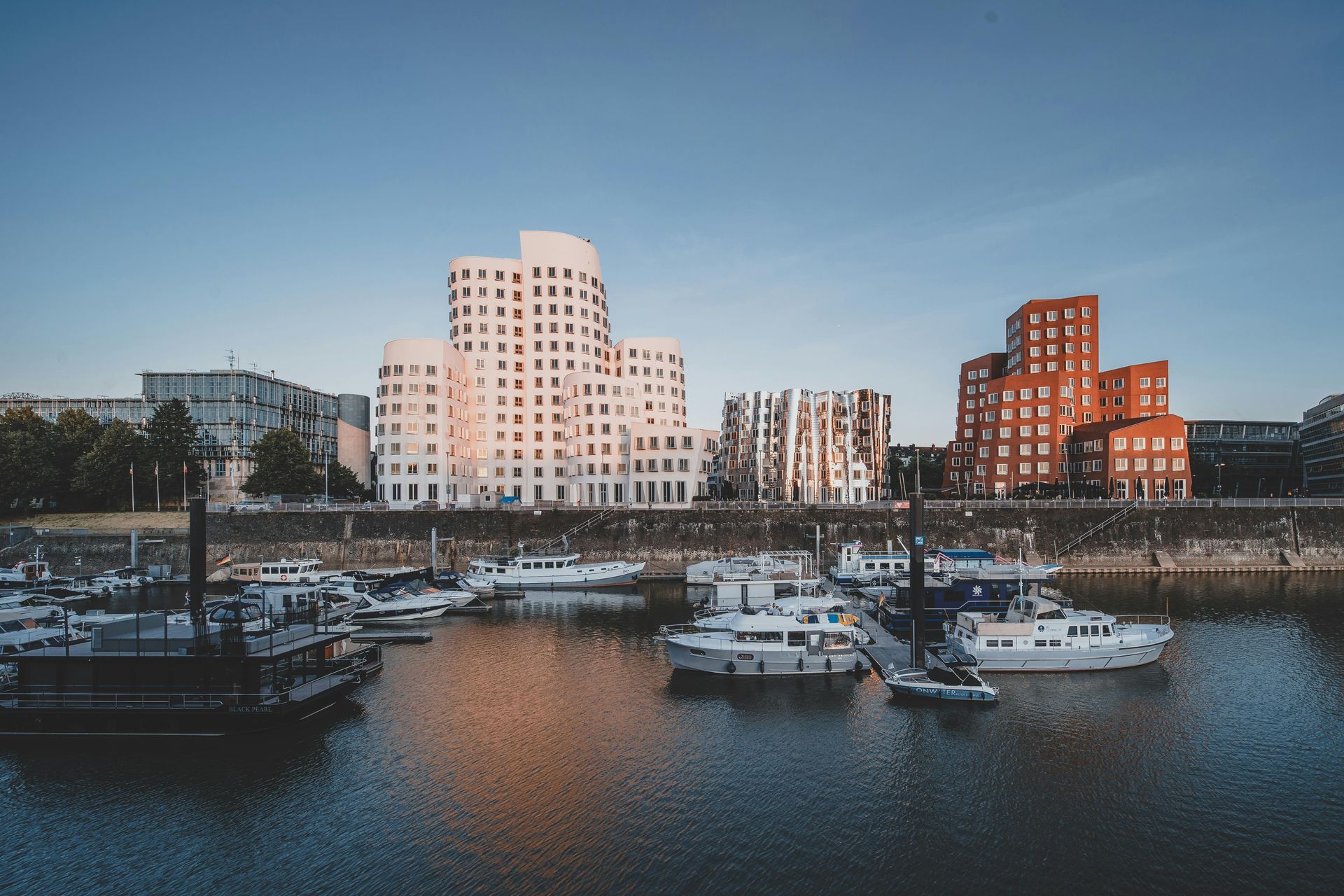 A group of boats are docked in a harbor on The Rhine River with buildings in the background.