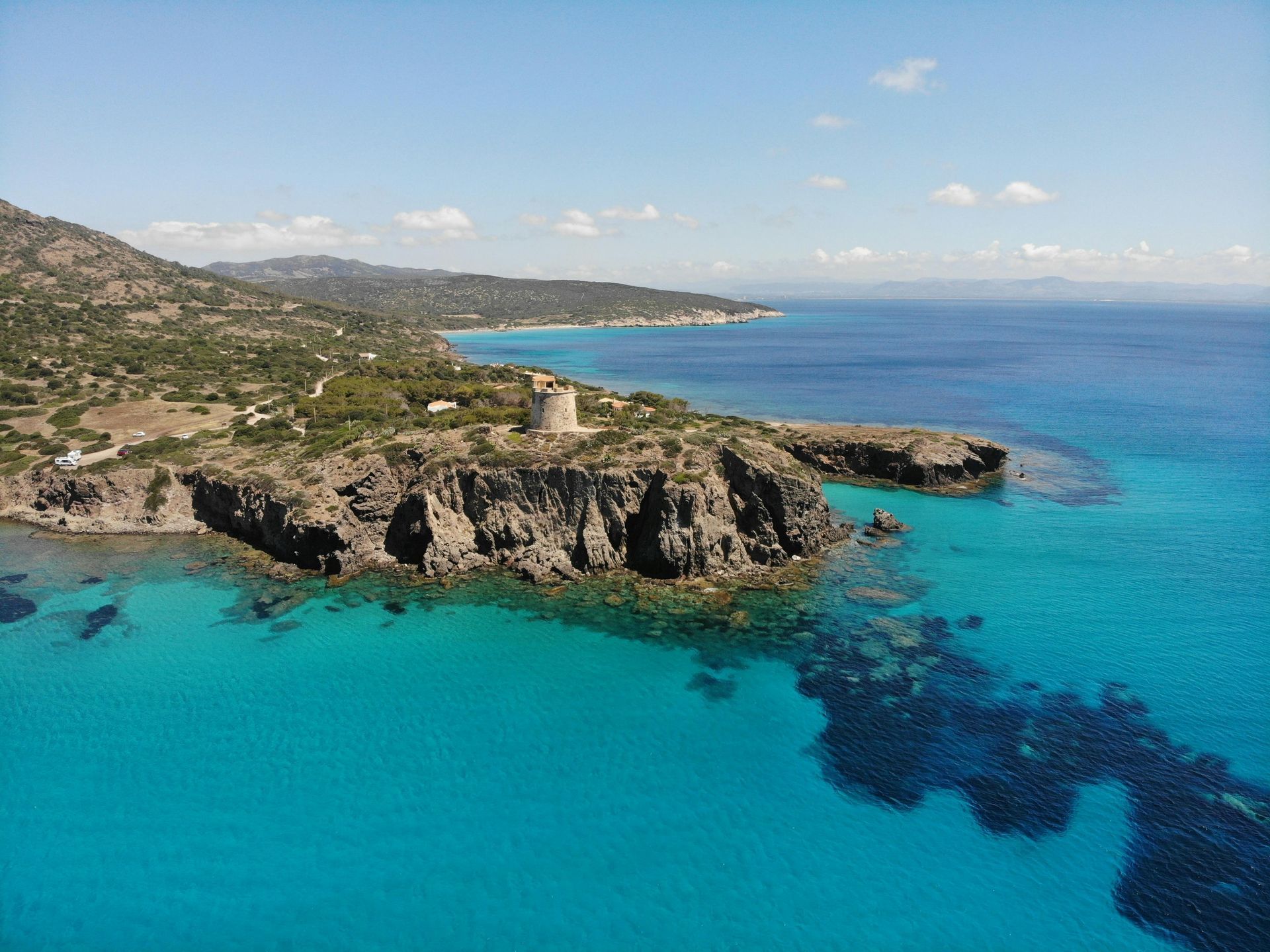 An aerial view of Sardinia, Italy in the middle of the ocean.