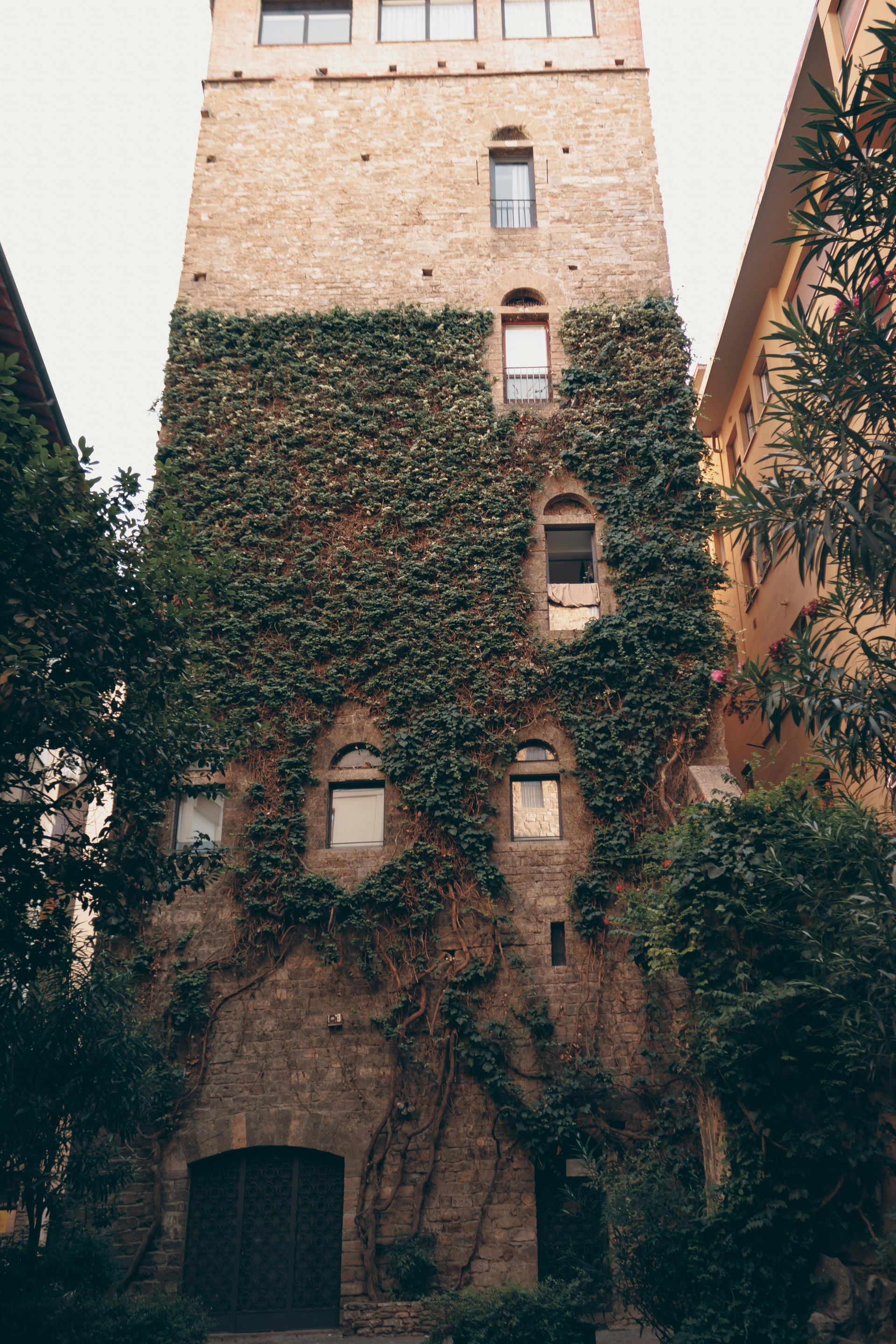 A tall building with ivy growing on the side of it in Florence, Italy.