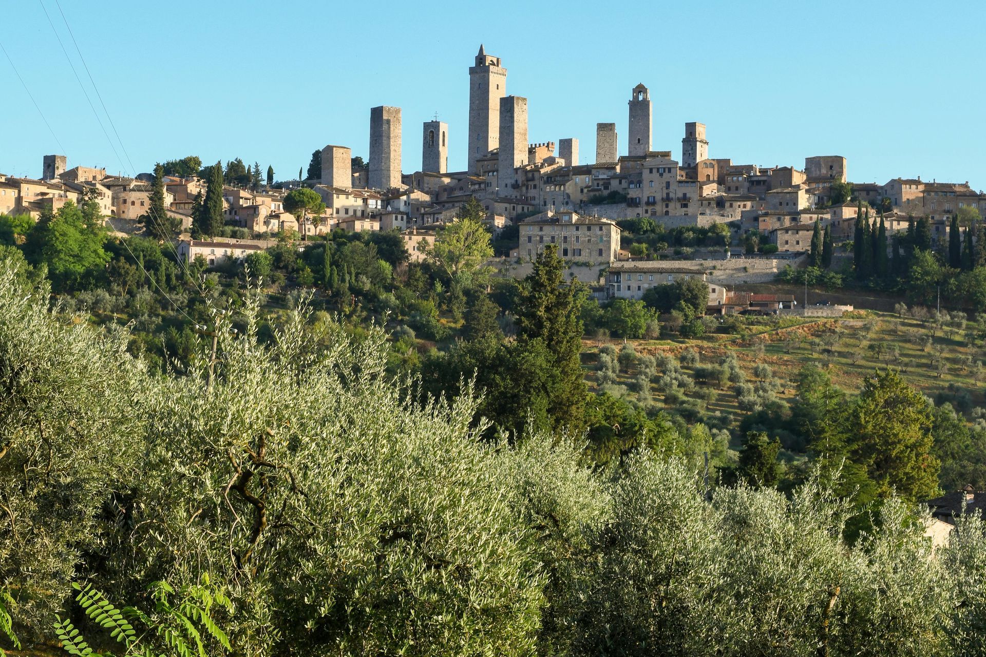 A city with a lot of buildings and trees in the foreground in Tuscany, Italy.