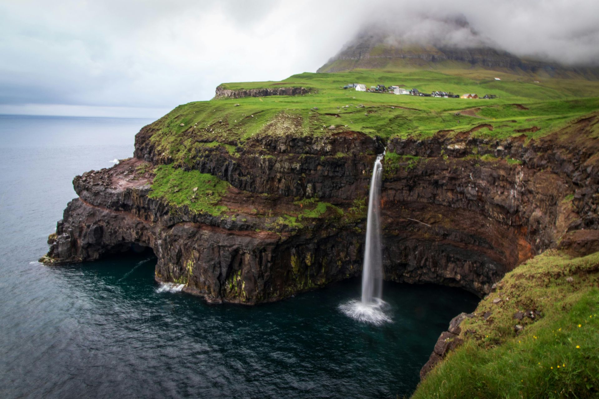 There is a waterfall on the side of a cliff next to the ocean on the Faroe Islands.