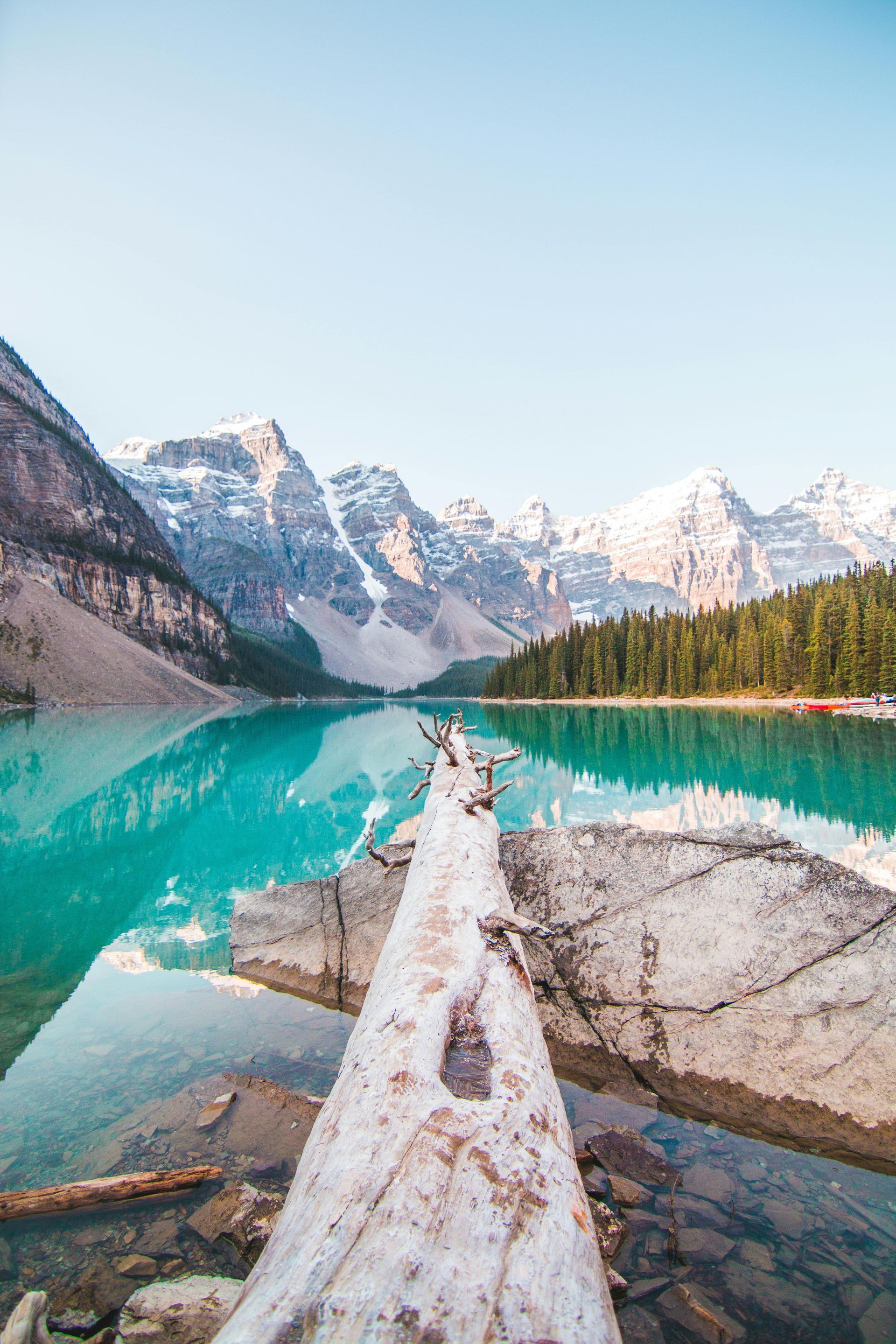 A log is sitting on the shore of a lake with mountains in the background.