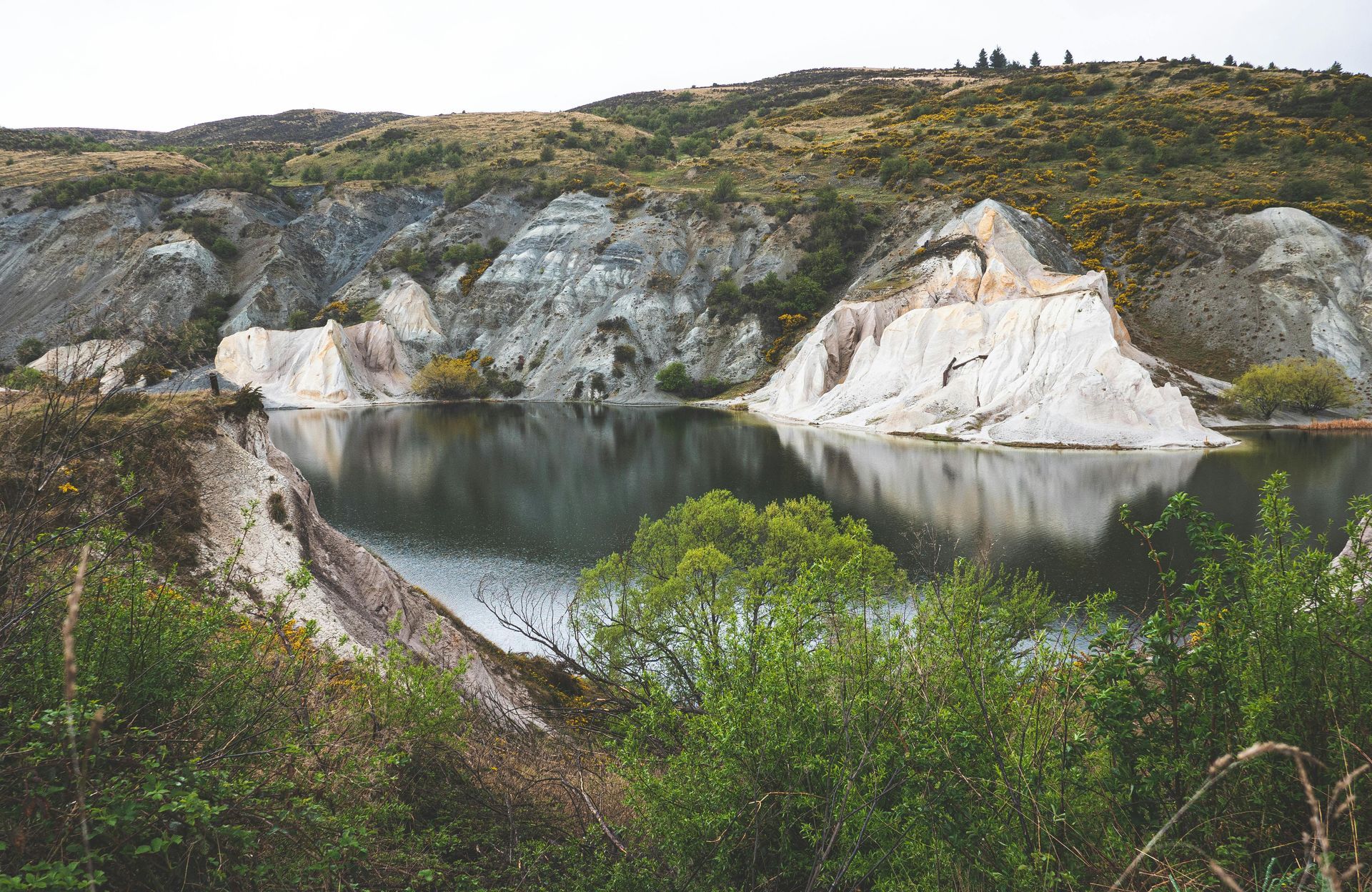 A large body of water surrounded by mountains and trees in New Zeland.