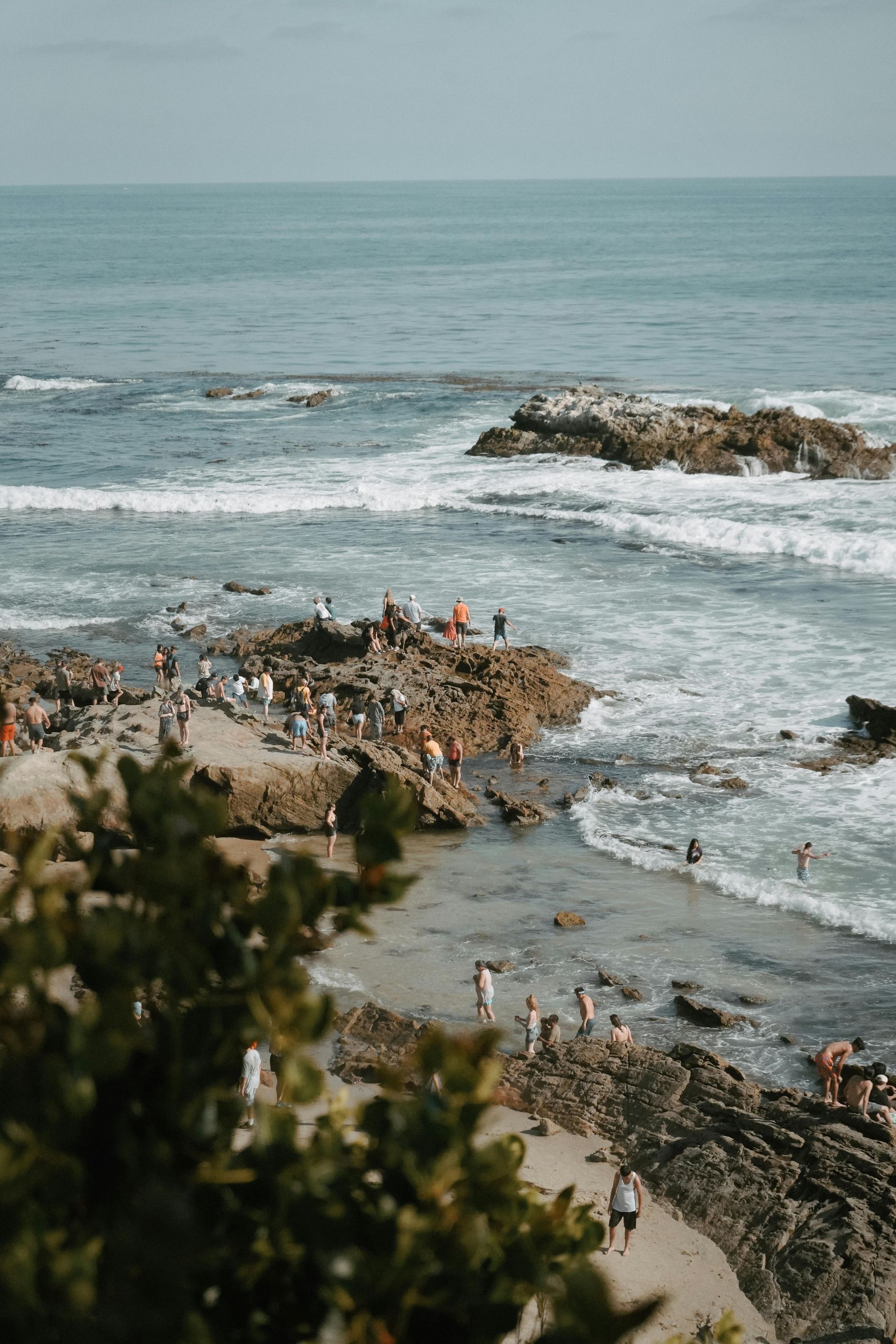 A group of people are standing on a rocky beach near the ocean.