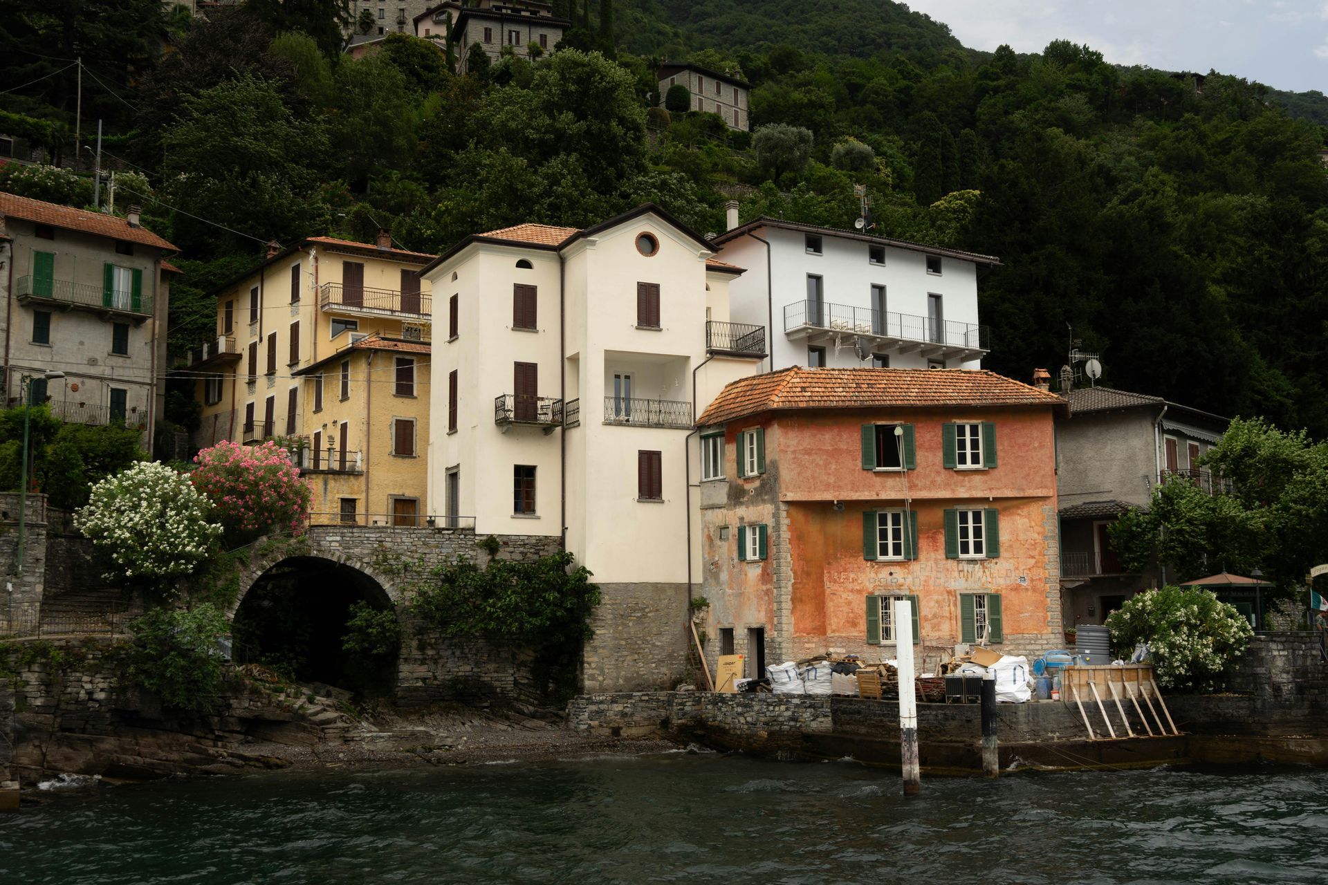 A row of houses on the shore of Lake Como in Italy.