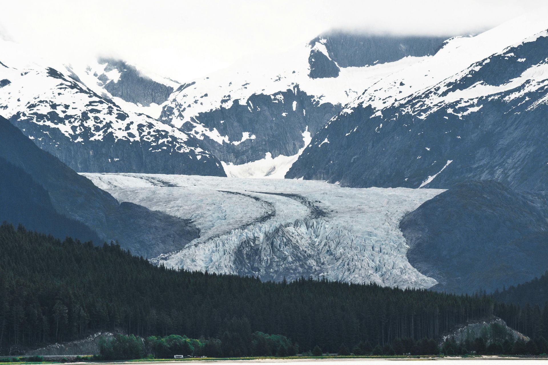 A large glacier is surrounded by mountains and trees in Alaska. 