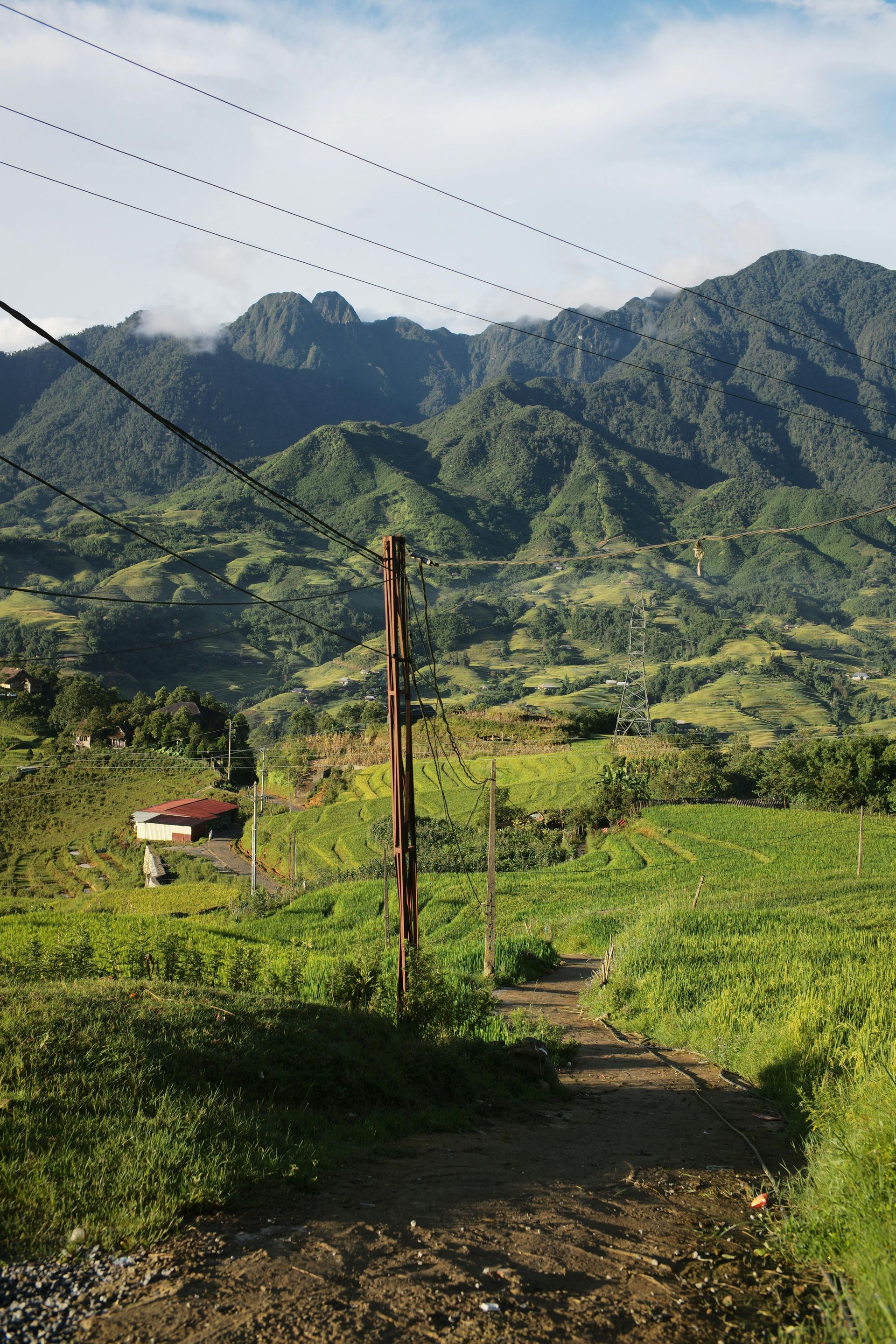 A dirt road going through a lush green valley with mountains in the background in Laos.