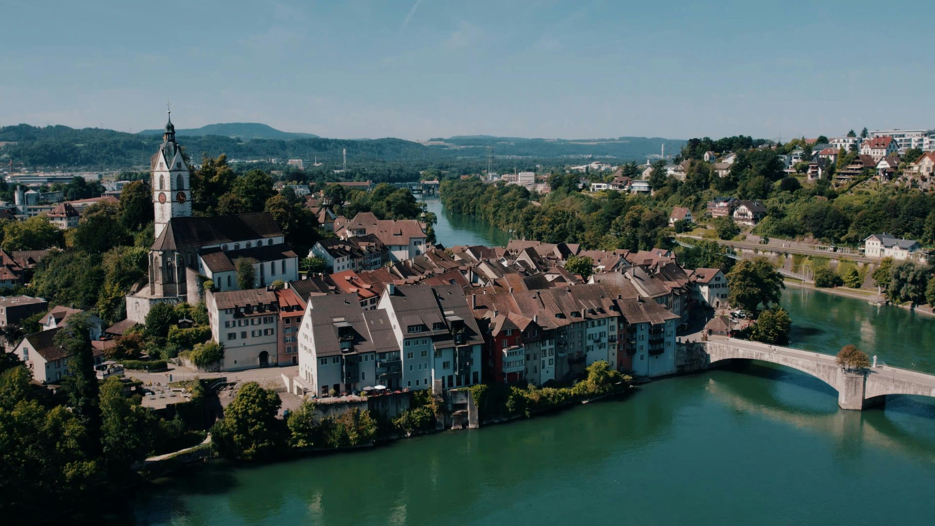 An aerial view of a small town next to The Rhine River.