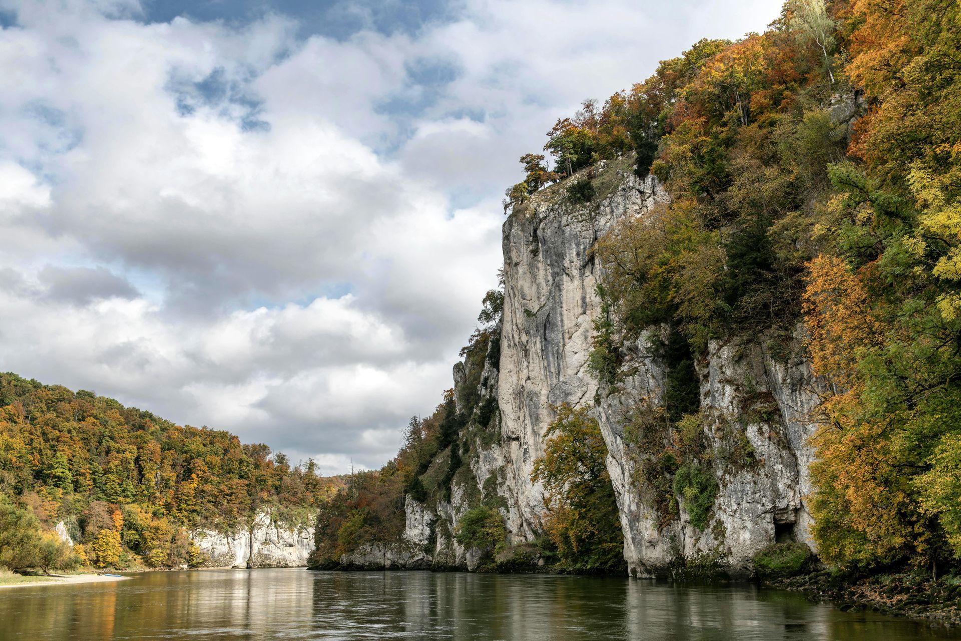 The Danube River surrounded by trees and rocks on a cloudy day