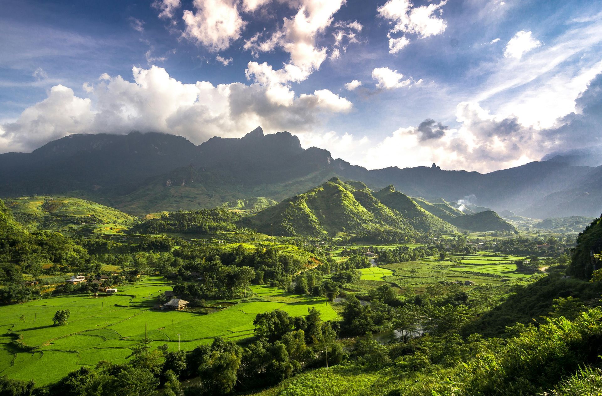 A lush green valley with mountains in the background in Vietnam.