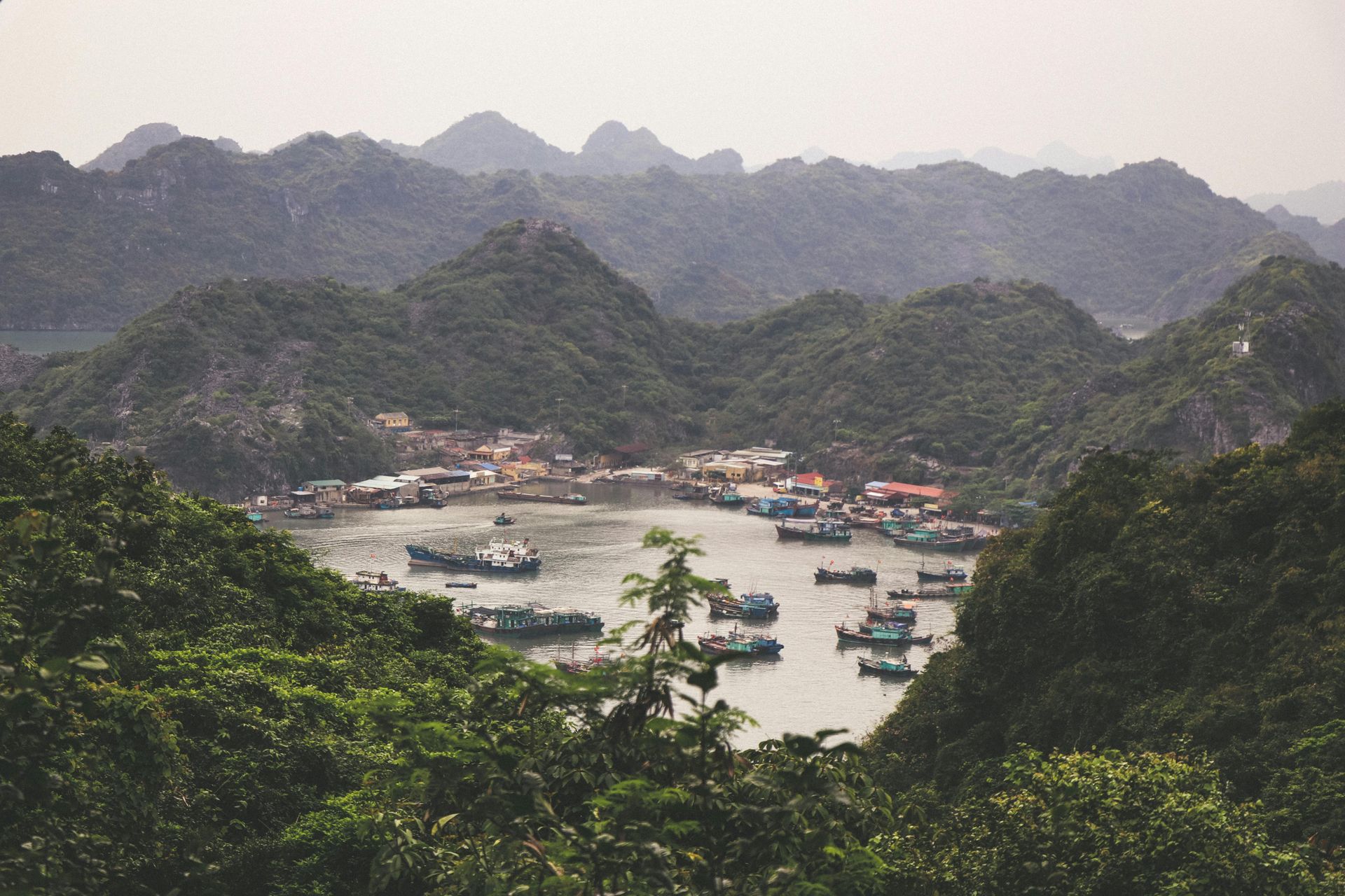 A group of boats are floating on top of a body of water surrounded by mountains in Vietnam.