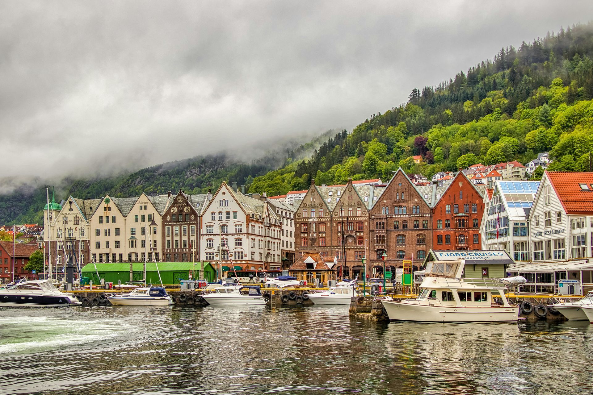 A group of boats are docked in a harbor in front of a city in Norway.