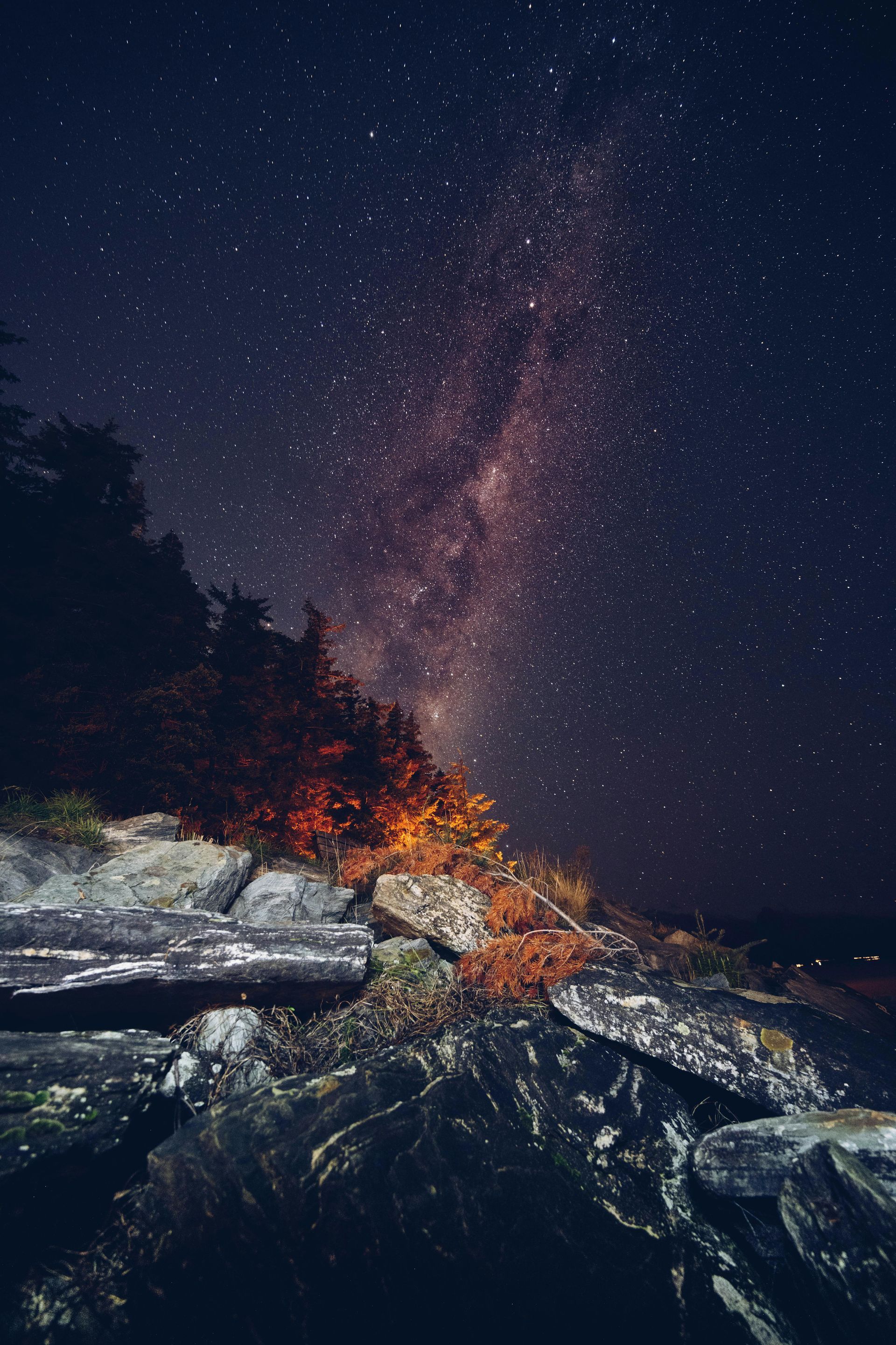 A starry night sky with a campfire in the foreground in New Zeland.