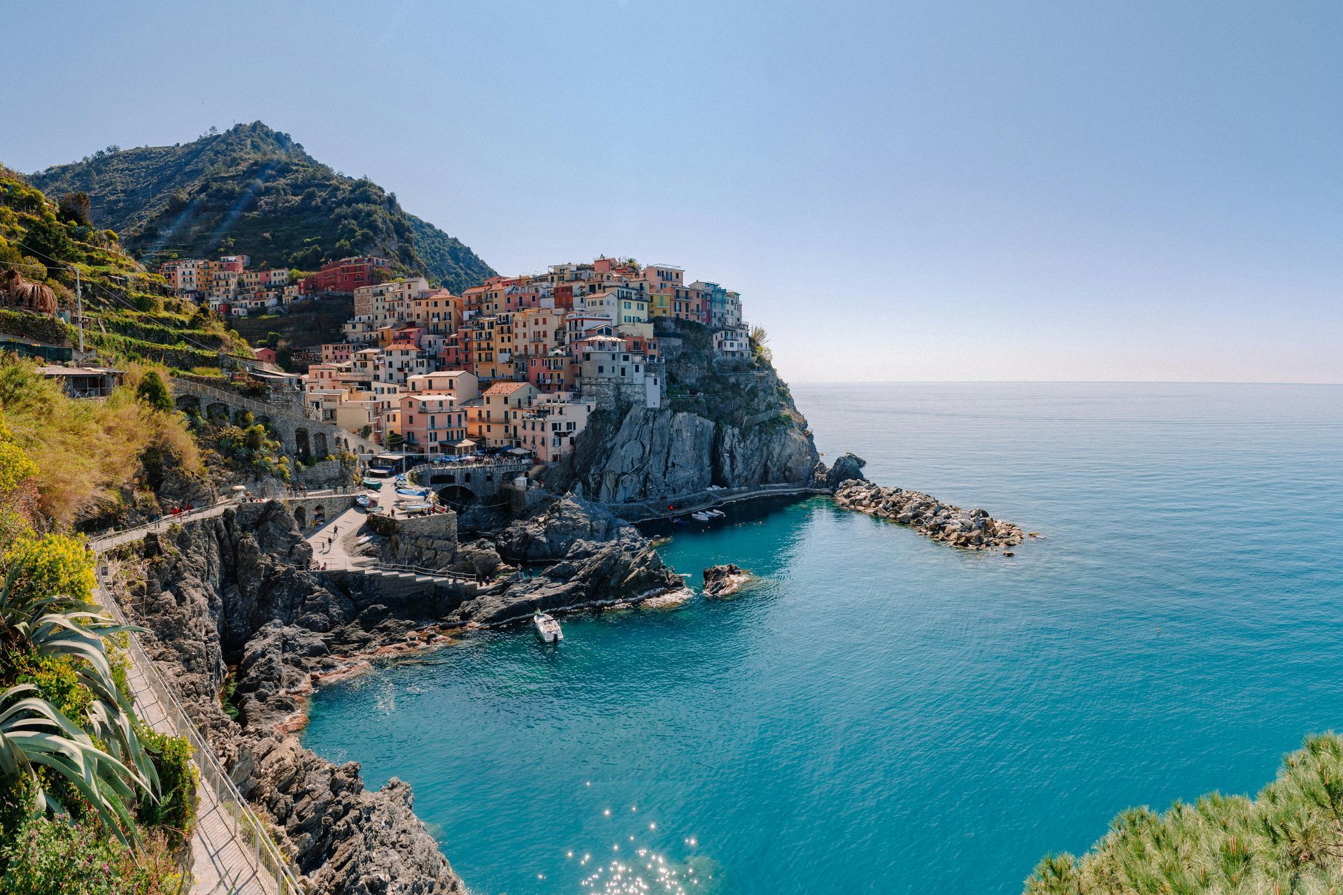 Cinque Terre on a cliff overlooking the ocean in Italy.