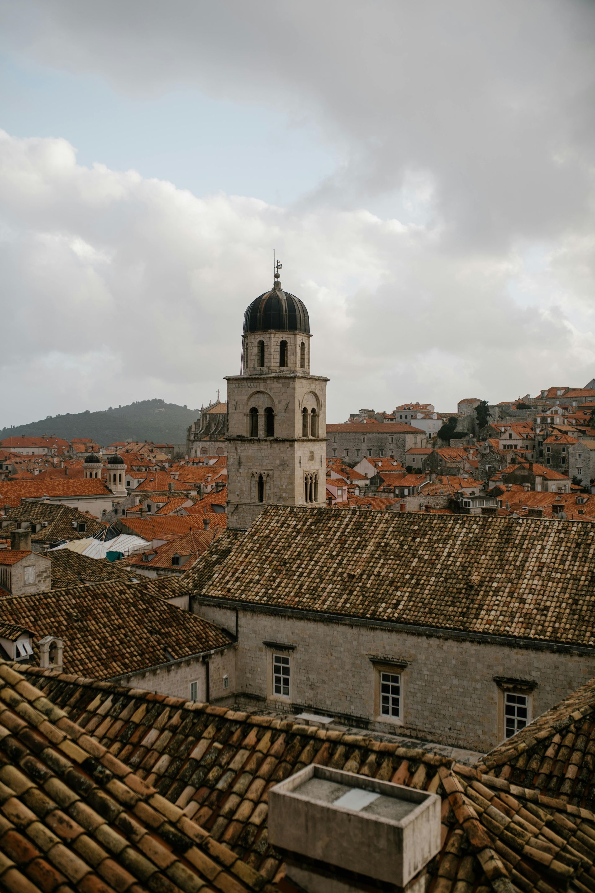 An aerial view of a city with Franciscan Church and Monastery in Dubrovnik, Croatia. 