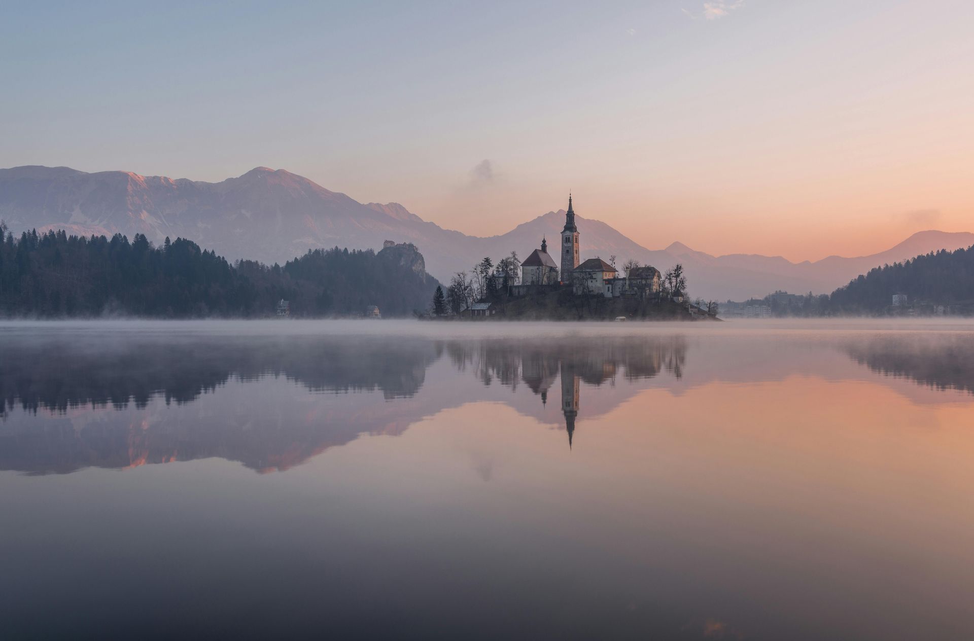 A small island in the middle of Lake Bled with the Church of the Assumption in Slovenia.