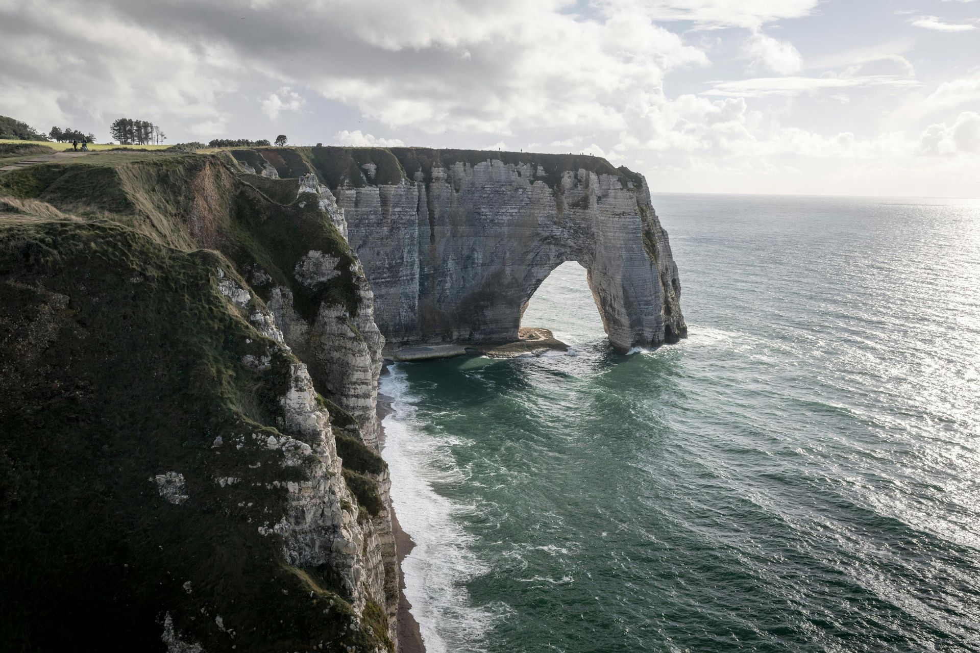 The Étretat cliff overlooking the ocean with a large arch in the middle in Normandy, France.