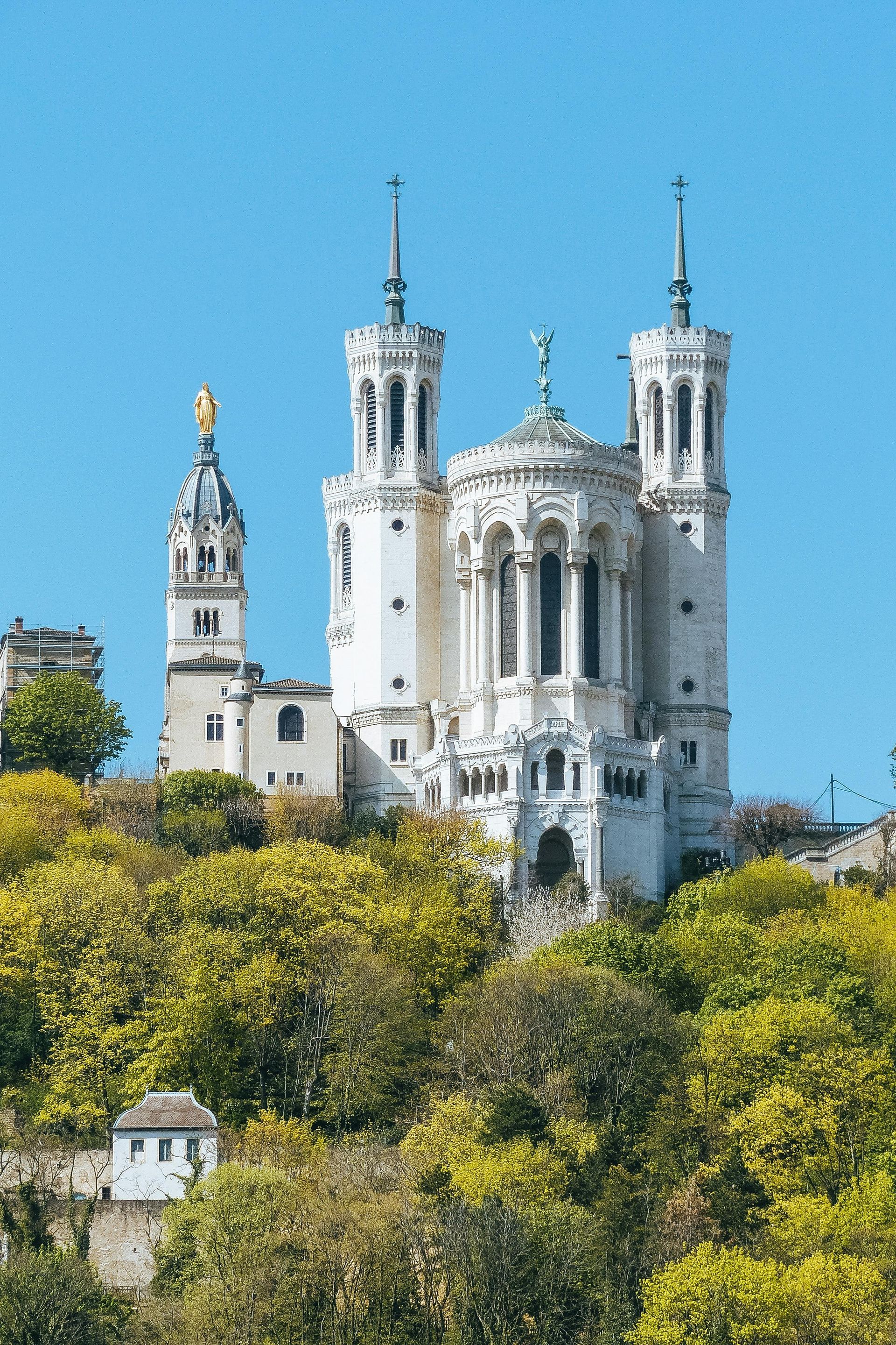 A large white building is sitting on top of a hill surrounded by trees in Lyon, France.